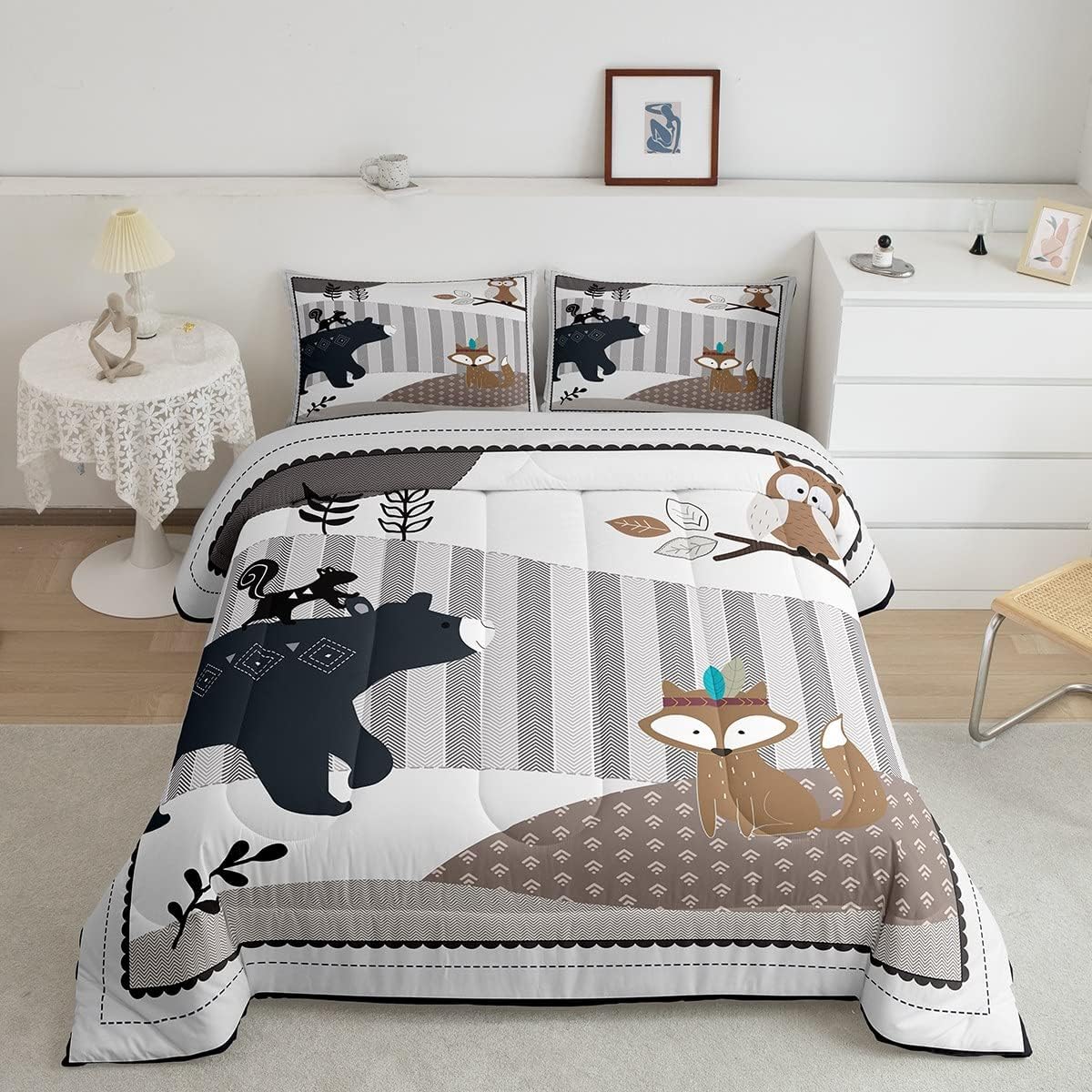 Castle Fairy Juego de edredón de dibujos animados de animales, tamaño matrimonial, edredón de ropa de cama con 2 fundas de almohada, diseño de oso