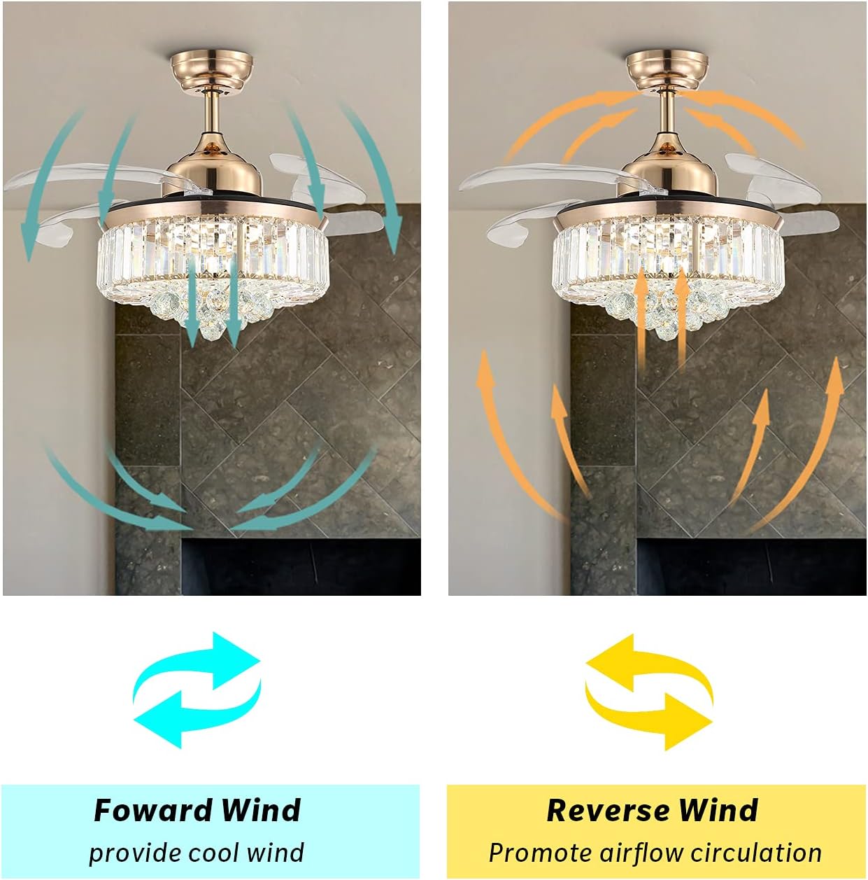 Siljoy Ventilador de techo retráctil con control remoto de luz, moderno ventilador de techo de cristal dorado, 3 vías regulable de 6 velocidades de