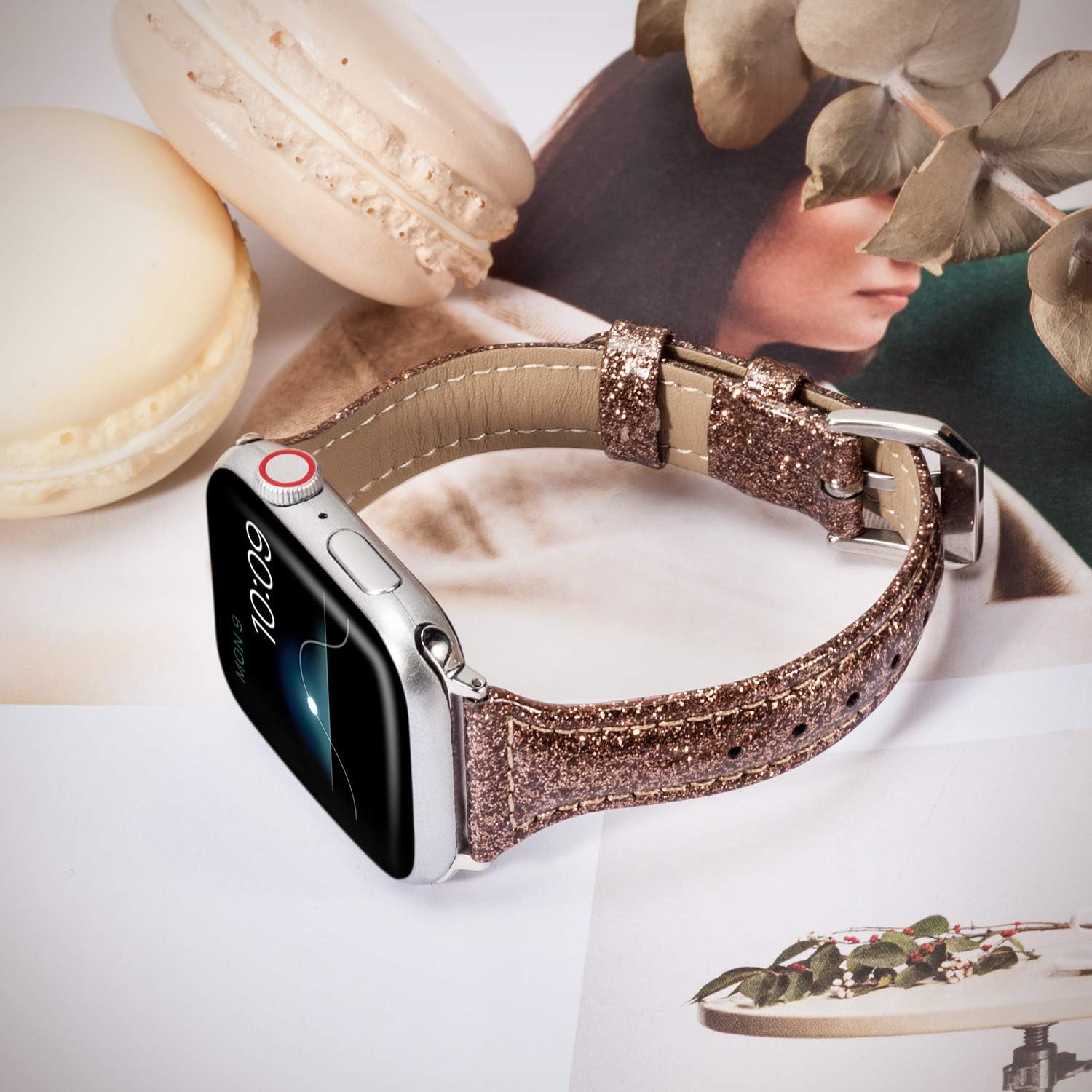 Wearlizer – Correa de repuesto de piel fina con purpurina compatible con correas de Apple Watch de 1.496in, 1.575in, 1.654in, 1.732in, para mujer,
