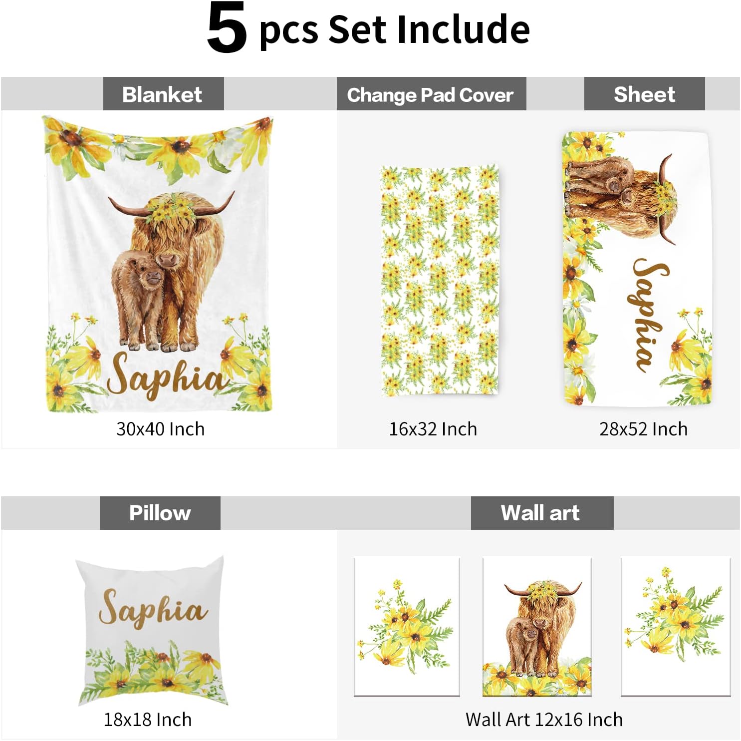 Juego de ropa de cama personalizado para cuna de vaca de las tierras altas amarillas para bebé, juegos de cuna de bebé personalizados con nombre,
