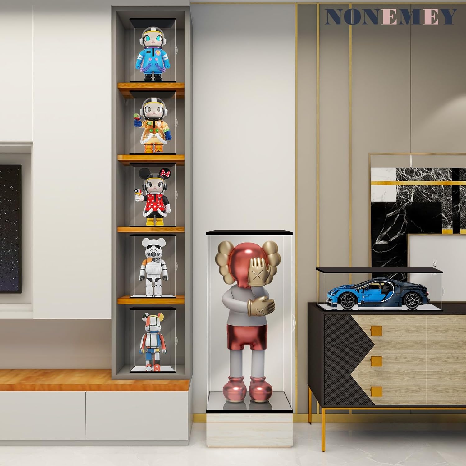NONEMEY Vitrina de acrílico transparente con luz de control remoto para 400% Bearbrick, modelo a prueba de polvo, caja organizadora para