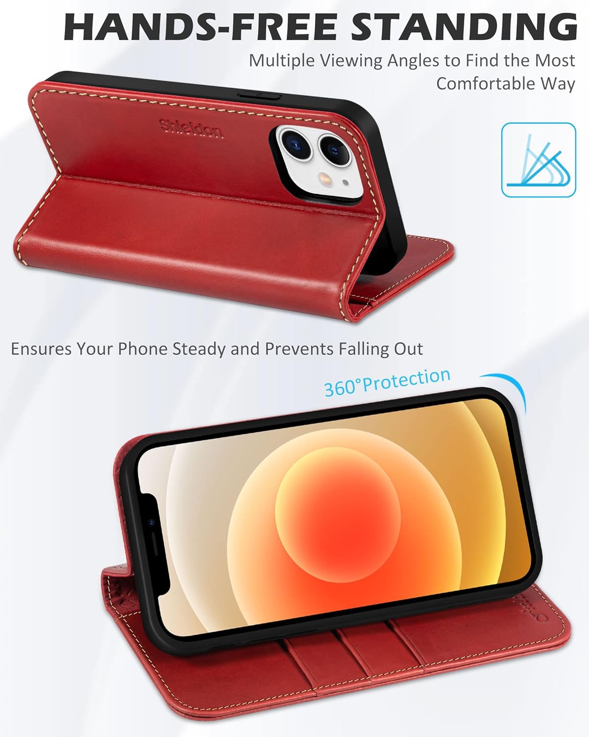 SHIELDON Funda tipo cartera para iPhone 12 Pro de 6.1 pulgadas, piel auténtica para iPhone 12, función atril y bloqueo RFID, ranuras para tarjetas