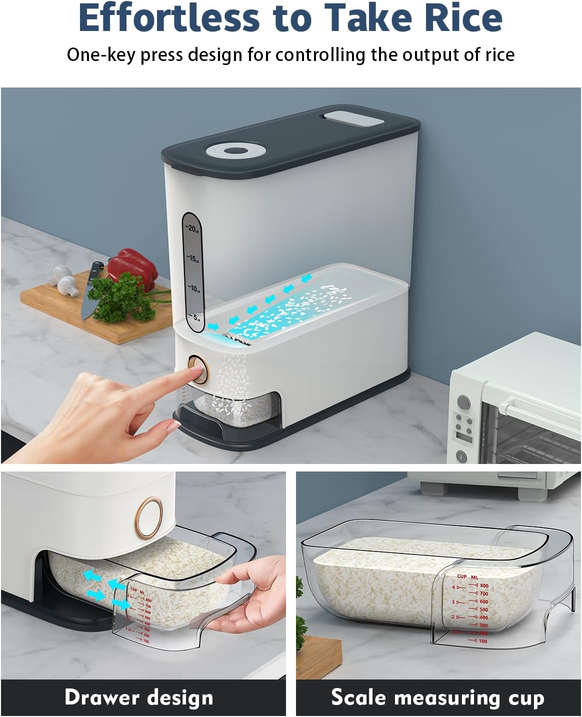 Lenwi Dispensador de arroz de 26.5 libras, recipiente grande de arroz con taza medidora de báscula, contenedor de almacenamiento de arroz doméstico