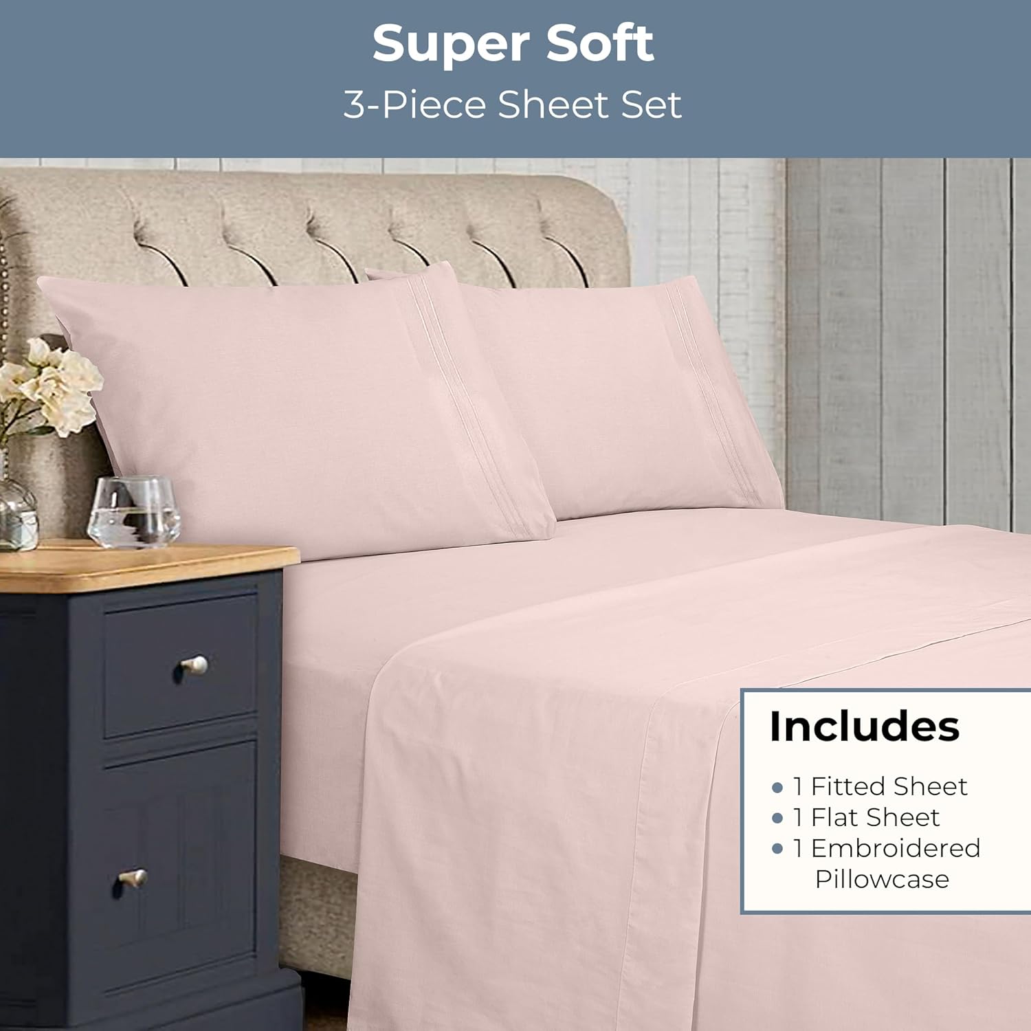 ROYALE LINENS – Sábanas de 3 piezas para cama individual – Juego de sábanas de microfibra cepillada suave de 1800 hilos – 1 sábana bajera, 1 sábana