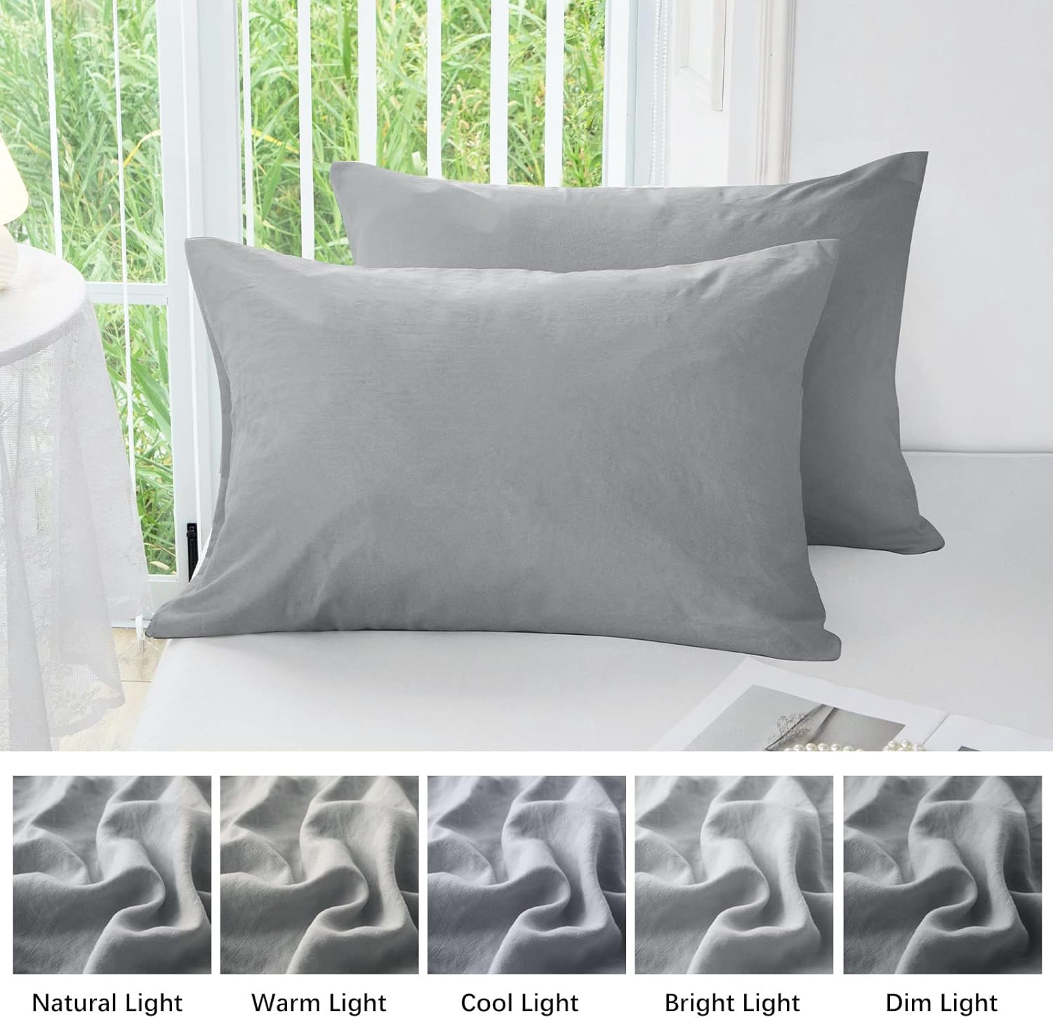 MILDLY Funda de almohada súper suave, fundas de almohada ligeras de microfibra lavada, tamaño Queen, color gris, 2 unidades, fácil cuidado y