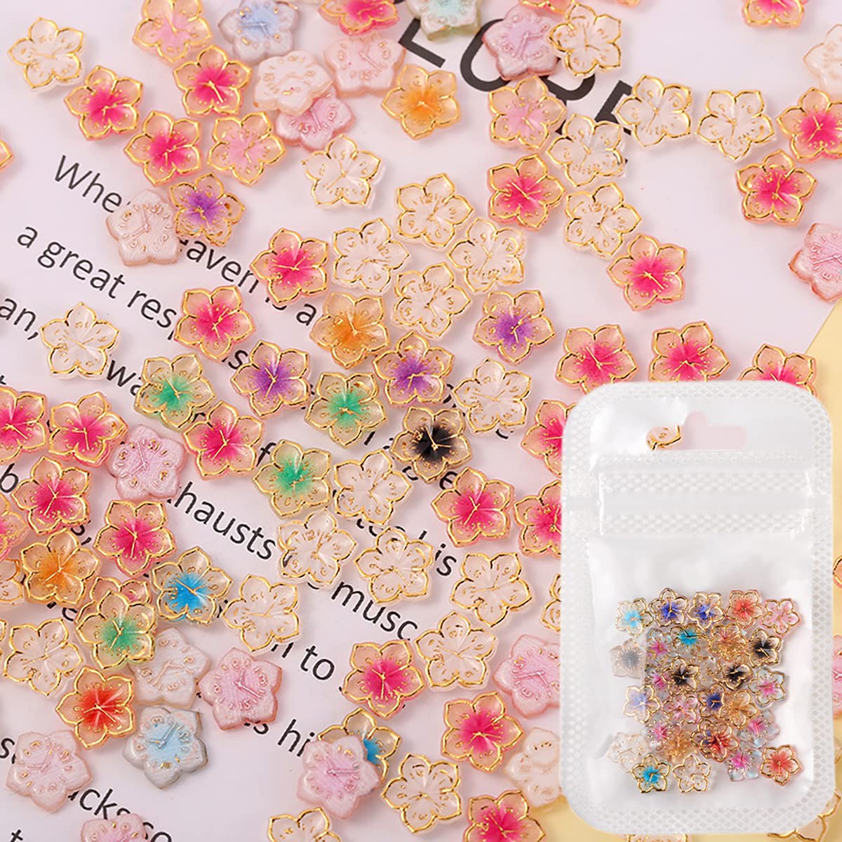 40 dijes de flores para uñas, calcomanías de flores 3D, dijes de uñas con borde dorado, resina de flores para uñas, mezcla de pétalos de flores