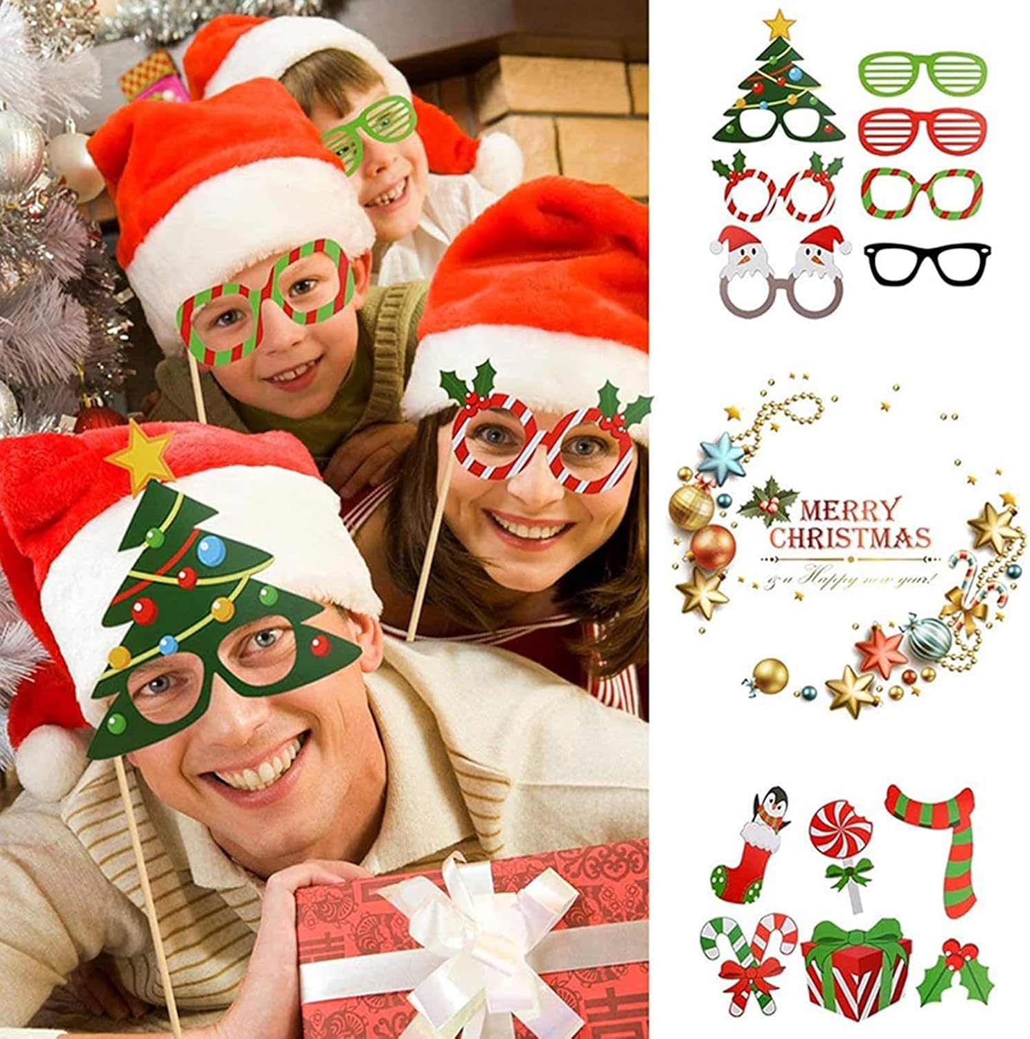 Accesorios para cabina de fotos de Navidad, 32 piezas, kits de accesorios de fotos para niños y adultos, decoración de fotografía de Feliz Navidad