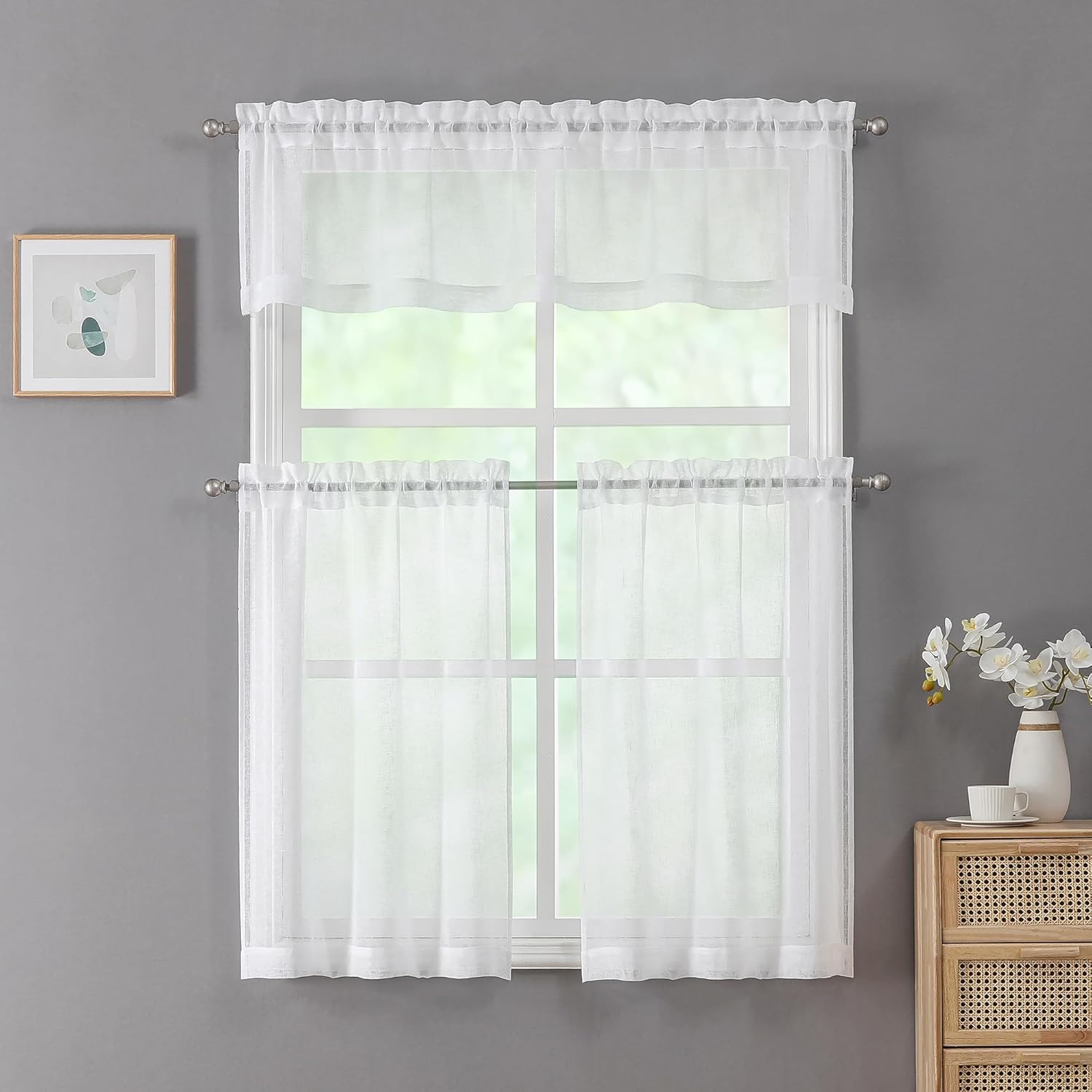 Chyhomenyc Dianna – Cortinas traslúcidas blancas de cocina de 36 pulgadas de largo, cortinas de arpillera con textura de lino sintético, cortinas