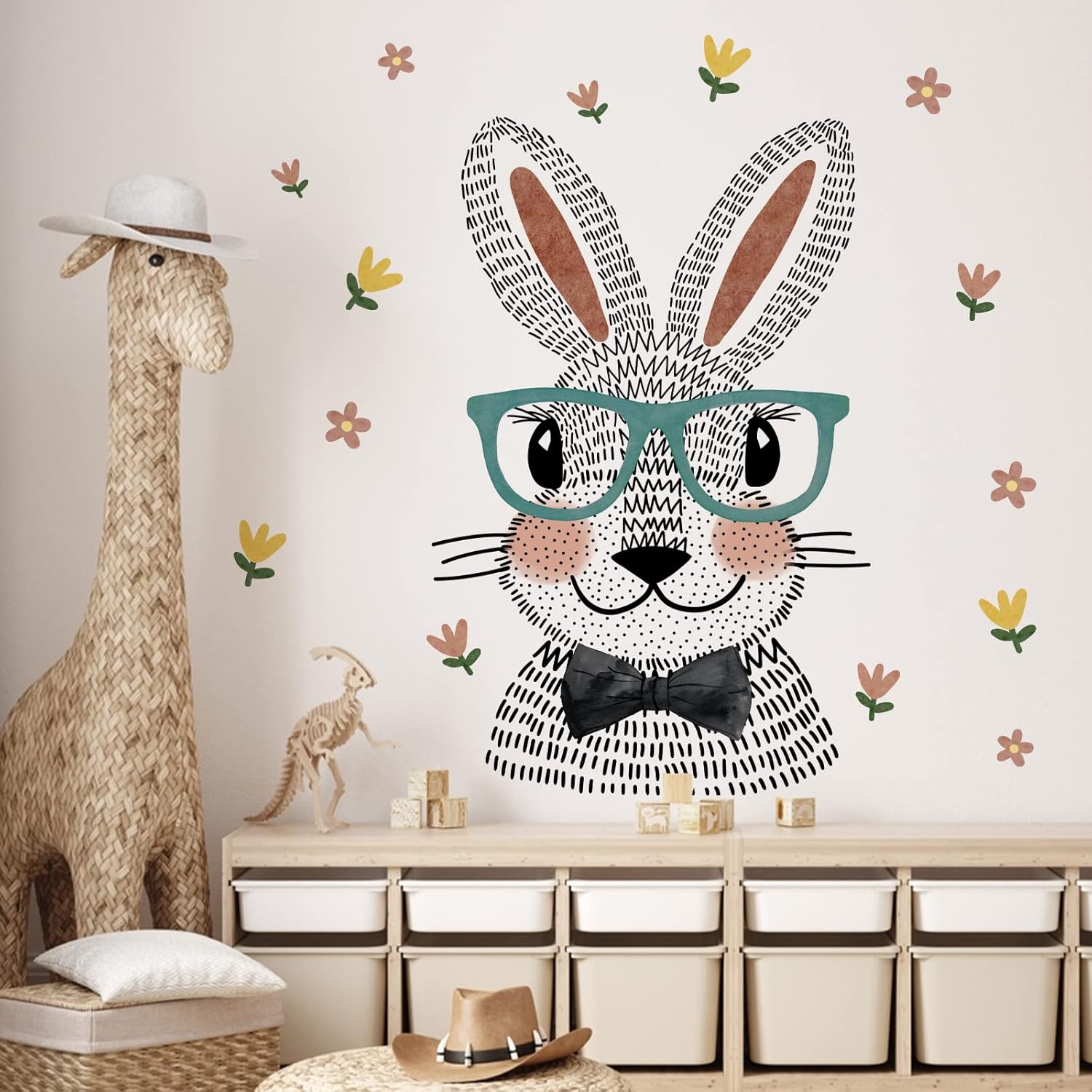 Yovkky Calcomanías de pared de conejo de dibujos animados, lindo conejito con anteojos, flores, guardería, habitación de niños, decoración