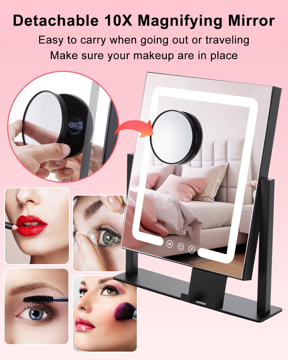 ALHAKIN Espejo de maquillaje con luces, espejo de maquillaje Hollywood iluminado, táctil inteligente regulable, 3 modos de color, espejo de aumento