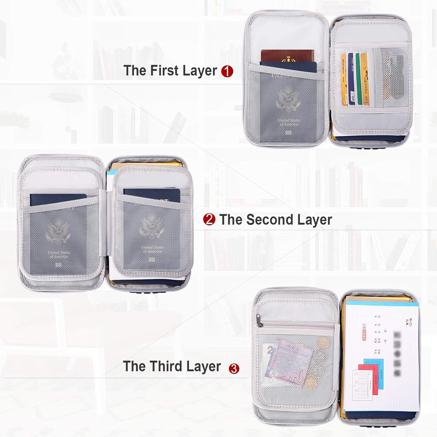 ENGPOW Pequeña funda organizadora de almacenamiento ignífuga con cerradura (9.4 x 5.9 x 3.2 pulgadas), 3 capas seguras para dinero, tarjeta,