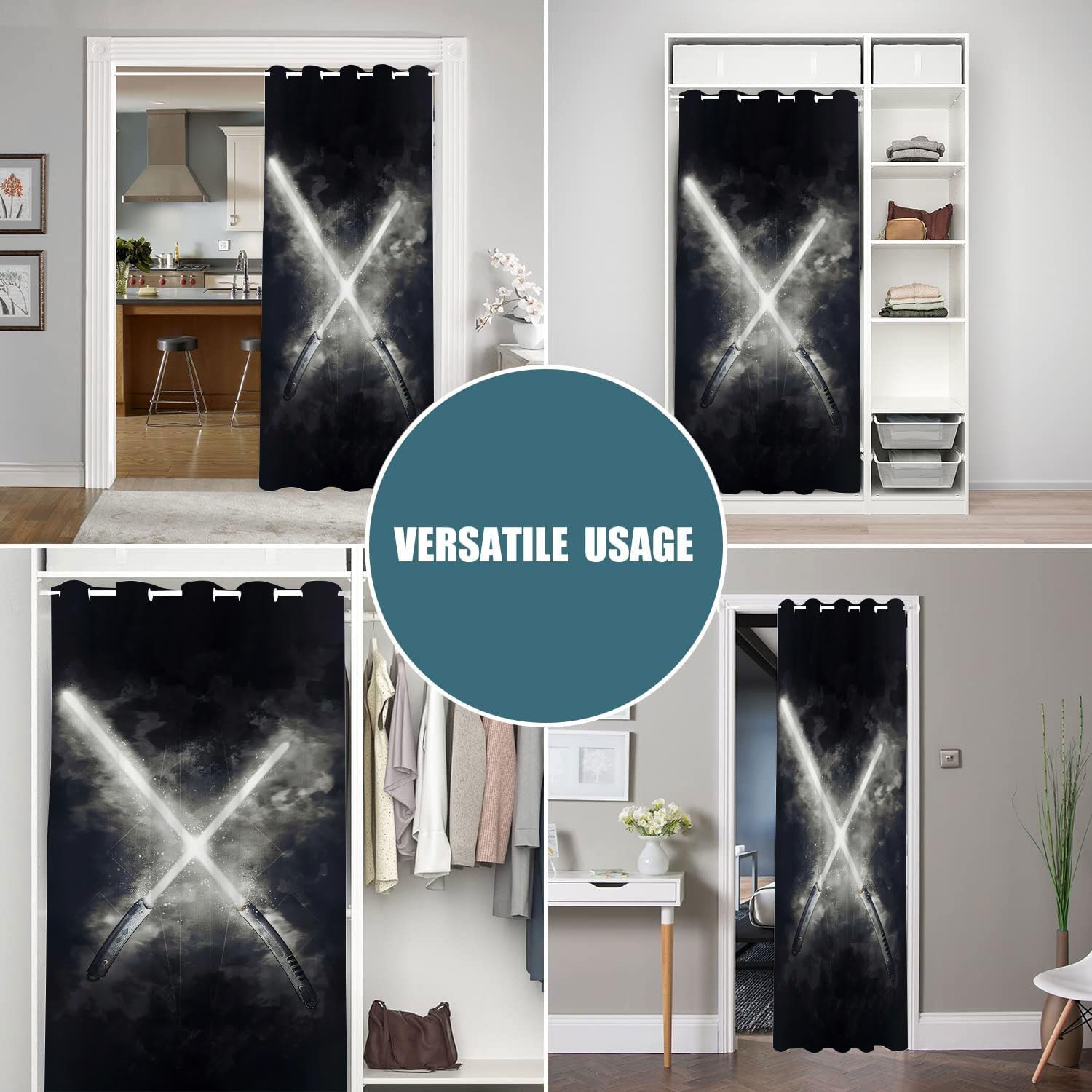 Cortinas de puerta con sable de luz para puertas, juego de sable de luz de neón, cortina opaca negra para armario de dormitorio de niños, cortinas