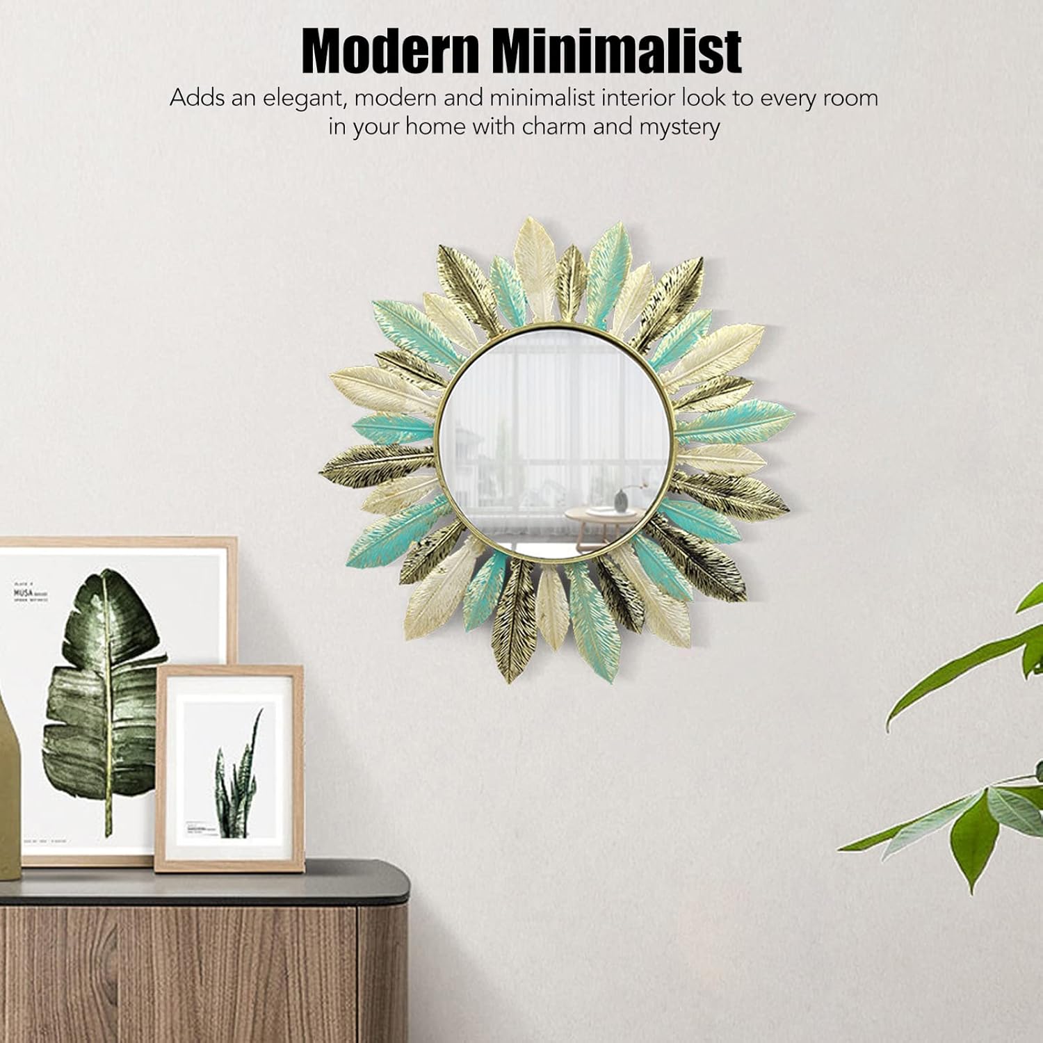 LSFYYDS Espejo colgante de plumas de metal, espejo decorativo de pared, escultura artística, espejo de tocador moderno para decoración de pared,