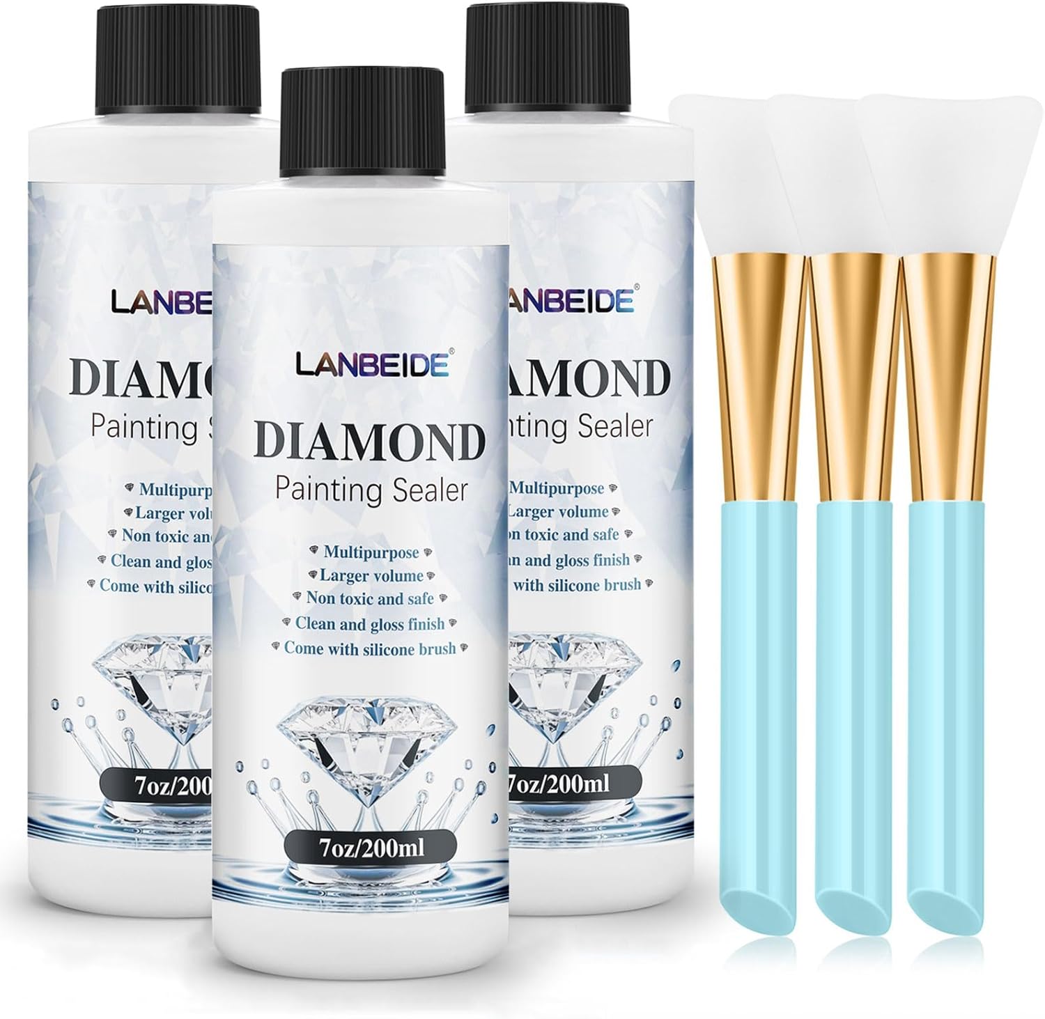 LANBEIDE Sellador de pintura de diamante actualizado de 6.8 fl oz con cepillo de silicona, 3 paquetes, sellador de pegamento de pintura de diamante