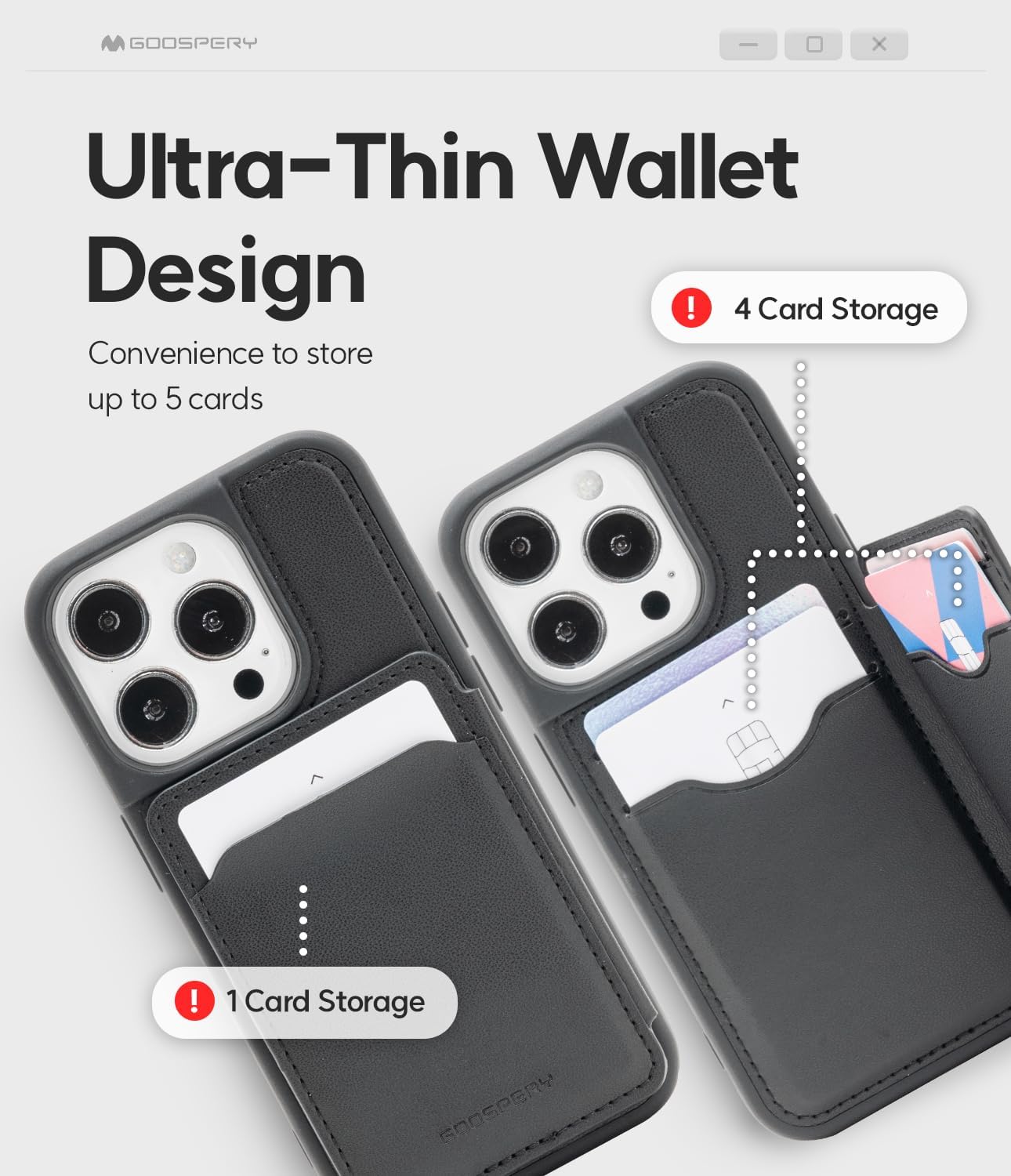 GOOSPERY Balance Fit – Funda para 5 tarjetas, compatible con iPhone 15 Pro, de doble capa, ligera, ultra delgada, de piel sintética cierre magnético
