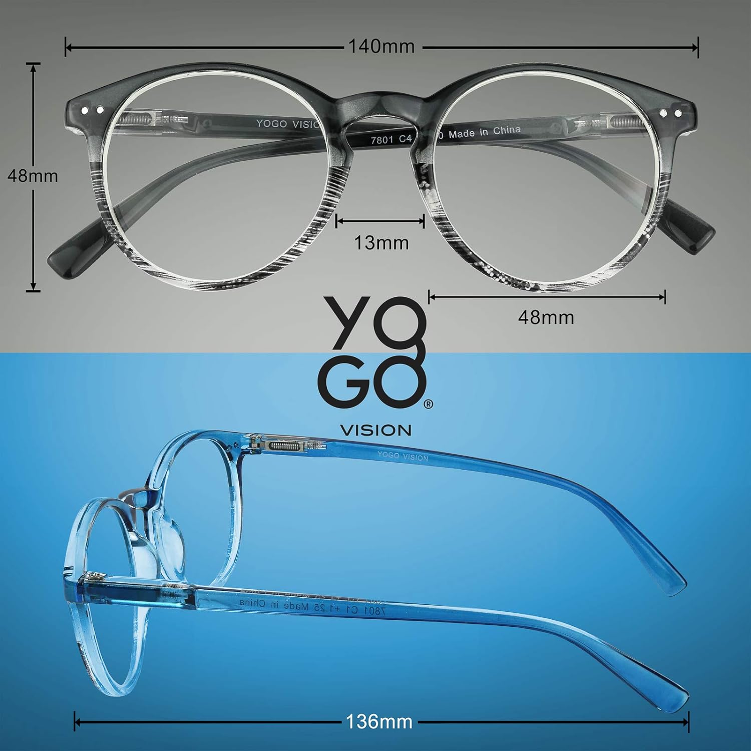 Yogo Vision Gafas de lectura para mujeres y hombres, con bloqueo de luz azul, lentes de lectura redondos, +2
