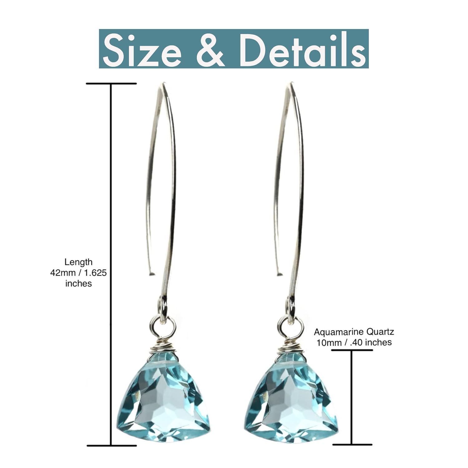 Handmade Dangle Earrings for Women – Aquamarine Blue Quartz Sterling Silver Earrings in Gift Box – Sparkly Blue Quartz Trillion – Lightweight
