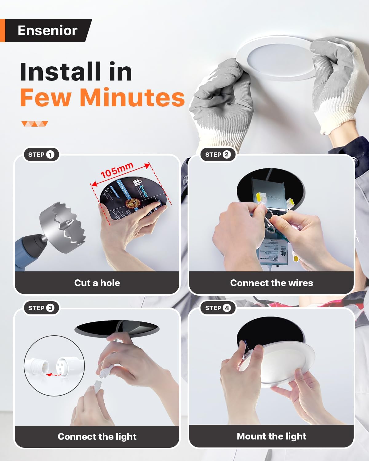 Ensenior – 6 lámparas empotrables LED ultrafinas de 4 pulgadas con caja de conexiones, 3000 K blanco cálido, 9 W 75 W Eqv, luz descendente
