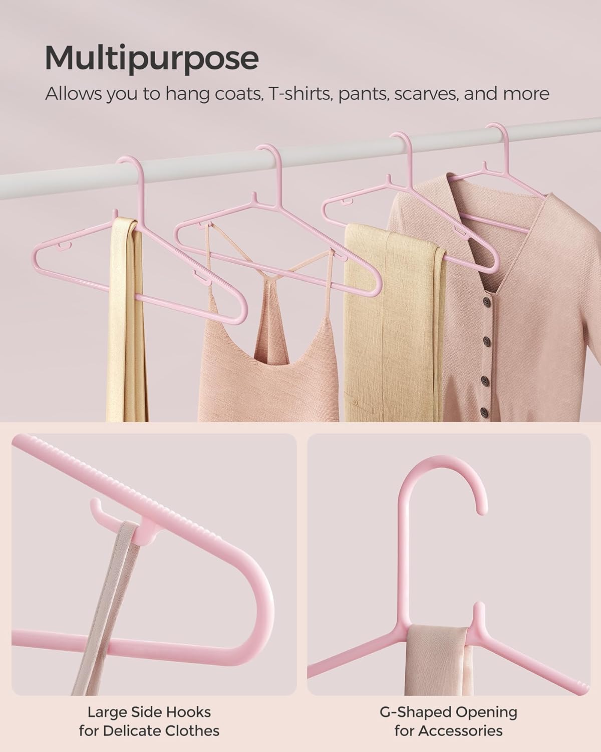 SONGMICS Perchas de plástico, paquete de 50 perchas de ropa que ahorran espacio, perchas ligeras, para pantalones, abrigos, vestidos, rosa gelatina