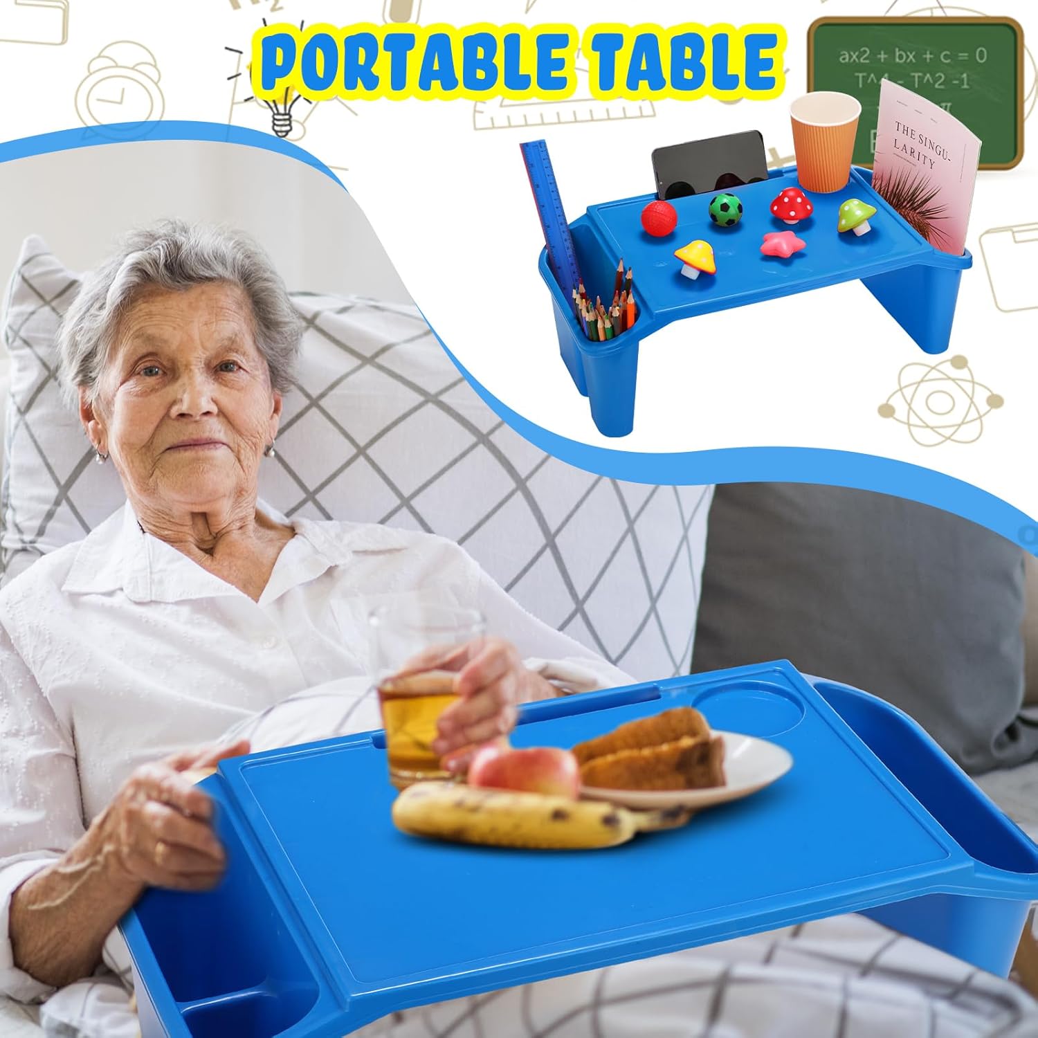 Leinuosen 6 bandejas de escritorio para niños con almacenamiento de plástico para desayuno, bandejas para laptop con bolsillos laterales y ranura,