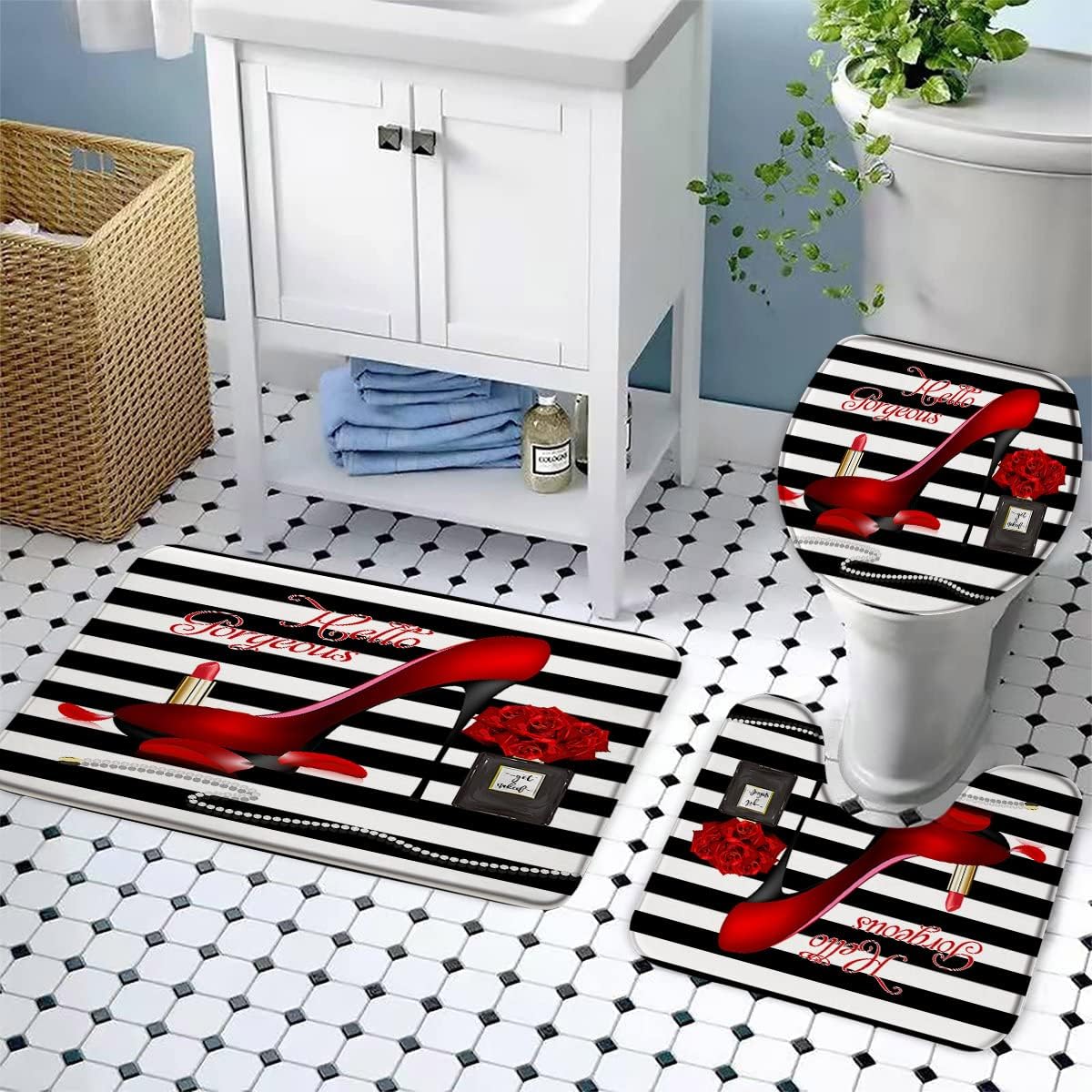 Juego de 3 alfombrillas de baño de rayas blancas y negras, alfombra de baño, botella de perfume de flores de rosa roja, tacones altos, diseño