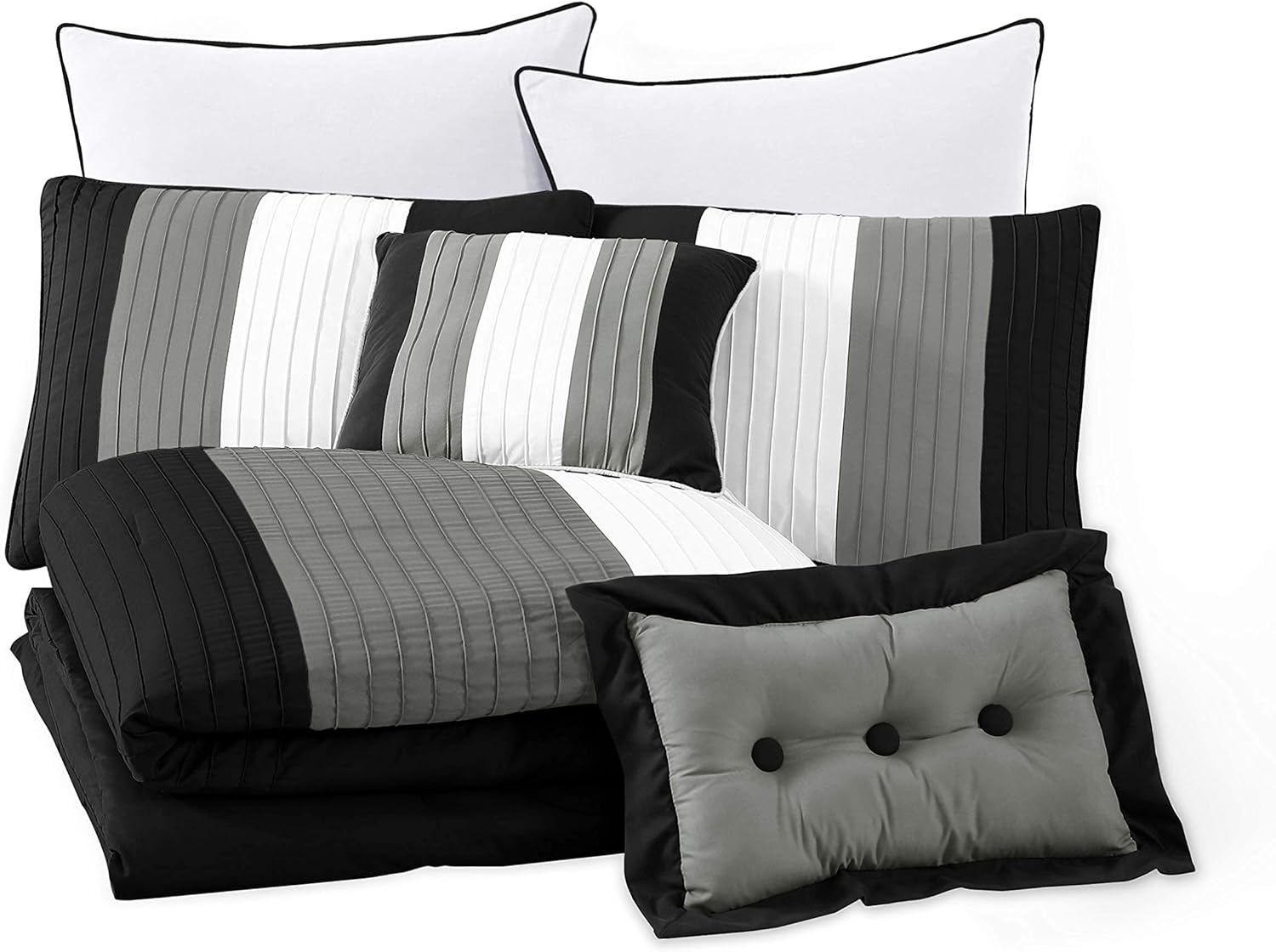 Chezmoi Collection Loft – Juego de edredón de lujo a rayas de 8 piezas (tamaño matrimonial, negrogrisblanco)