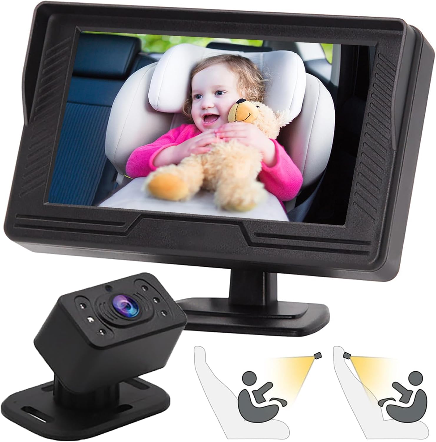B-Qtech Monitor de cámara de coche para bebé, visión nocturna, HD 1080P, fácil de instalar, rotación de 360, cámaras de bebé para el asiento
