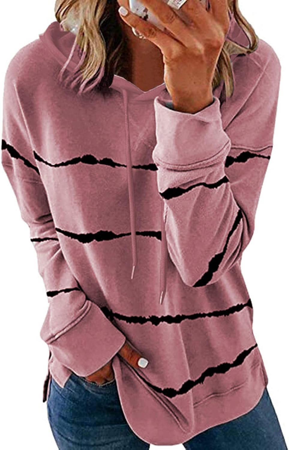 Muyise Sudaderas casuales con cuello redondo para mujer, talla grande, manga larga, bloque de color, abertura lateral, ligera, holgada, blusa