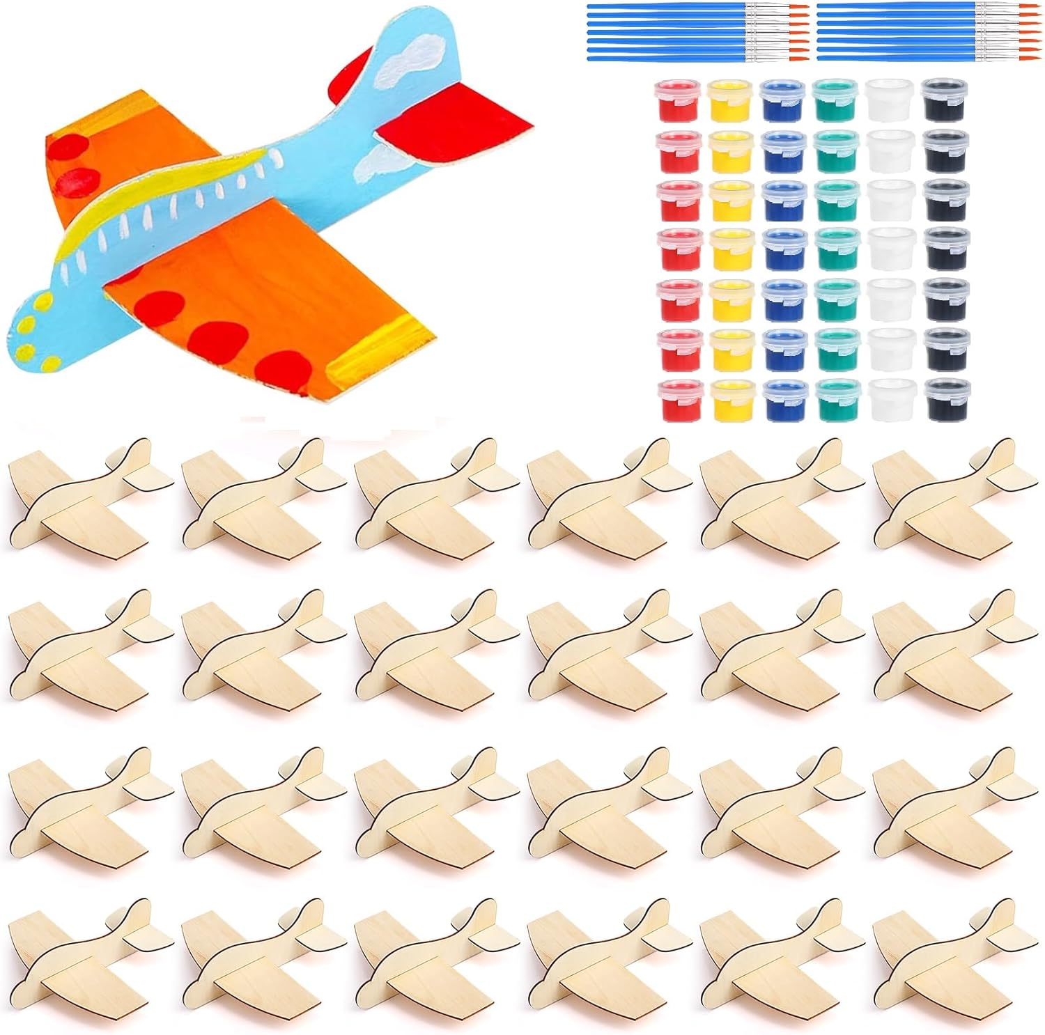 Shappy Paquete de 24 aviones de madera DIY con herramientas de decoración, modelo de madera, avión de madera de Balsa con kits de pintura, avión de
