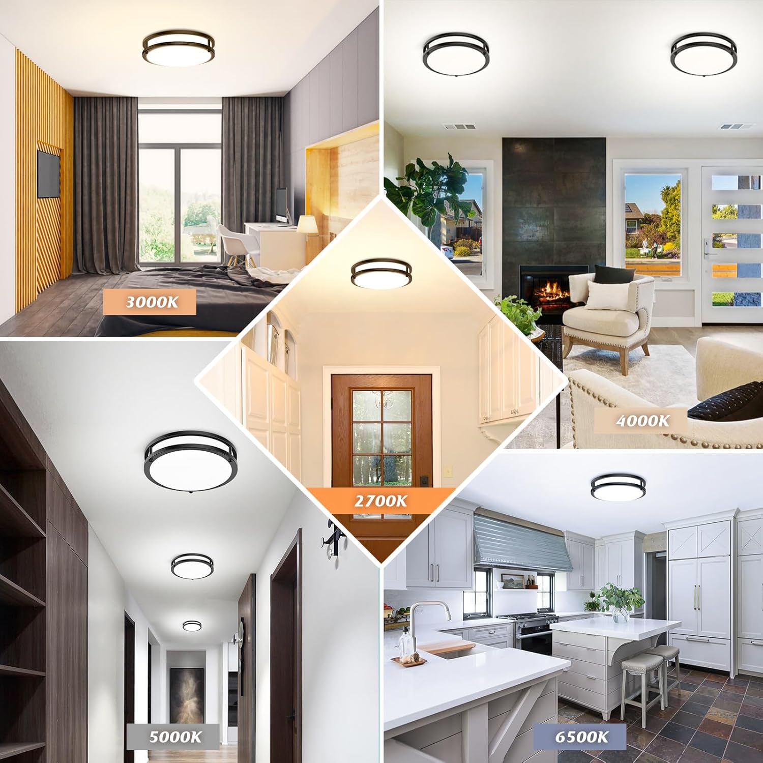 Lámpara de techo empotrada negra, 30 W, 4000 lm, 5CCT, regulable, lámpara de techo LED, 2700 K3000 K4000 K5000 K6500 K, ajustable, 10 pulgadas, para