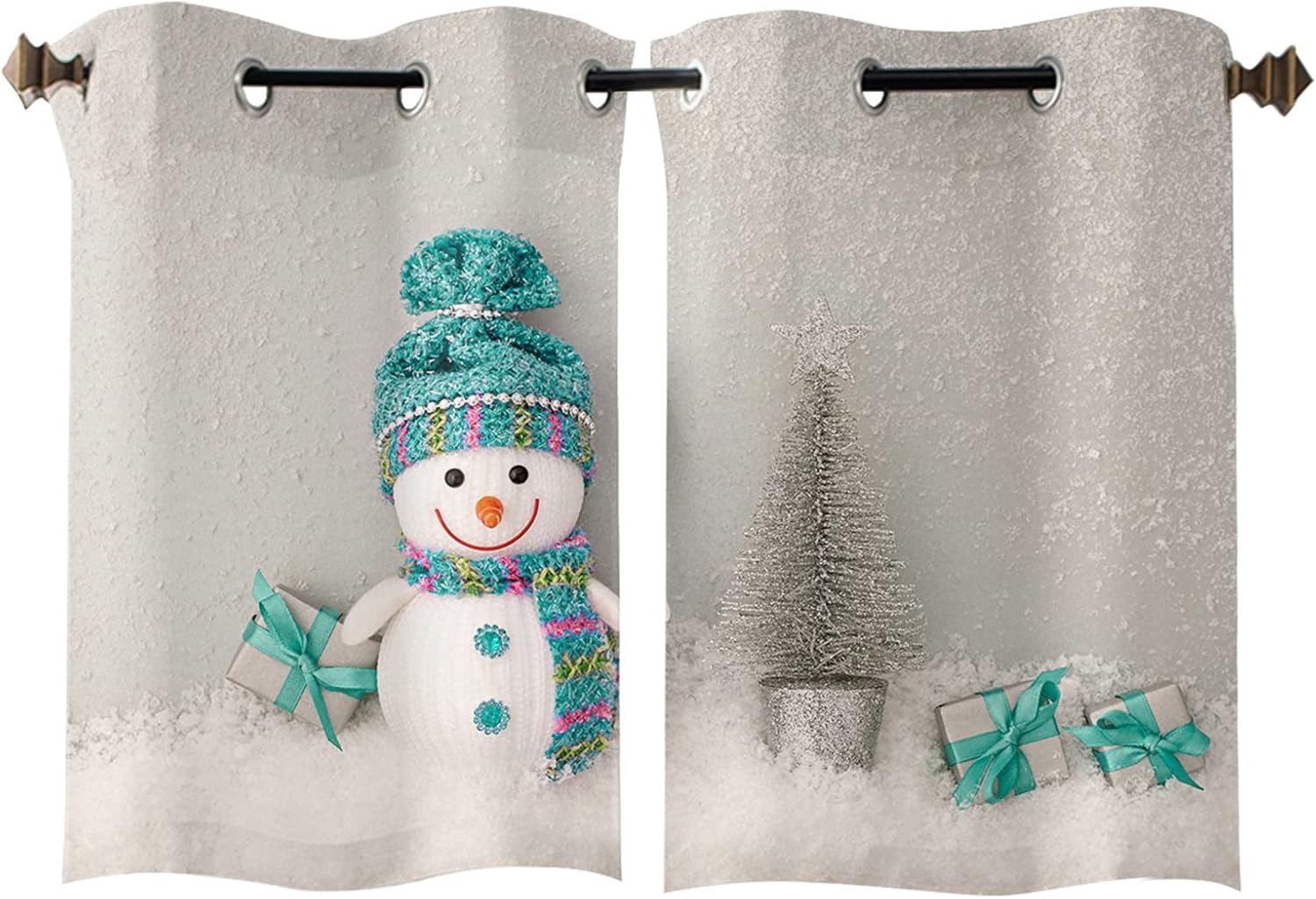 Libaoge Curtains Panels for Kitchen Modern Cute Smile Snowman with a Green Hat Gray Texture Window Curtains Light Filtering Grommet Top Drapes for