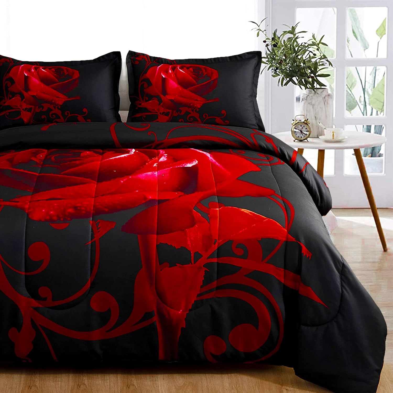 Juego de edredón rojo reversible con patrón de rosas rojas con 2 fundas de almohada para todas las estaciones, juego de ropa de cama ligero de