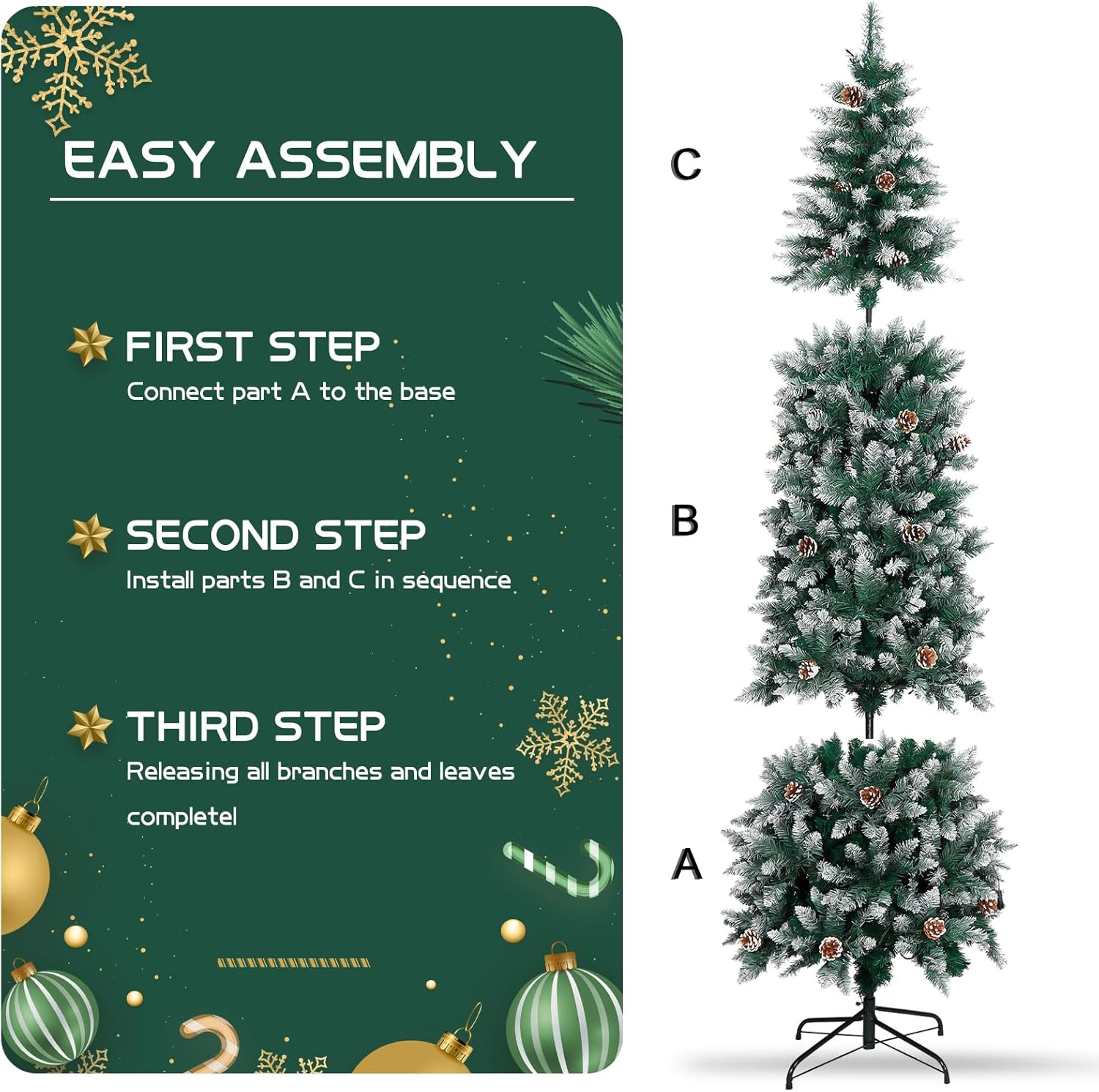 Árbol de Navidad delgado preiluminado de 6 pies, árbol de Navidad artificial con luces blancas cálidas, árbol de Navidad delgado de copo de nieve