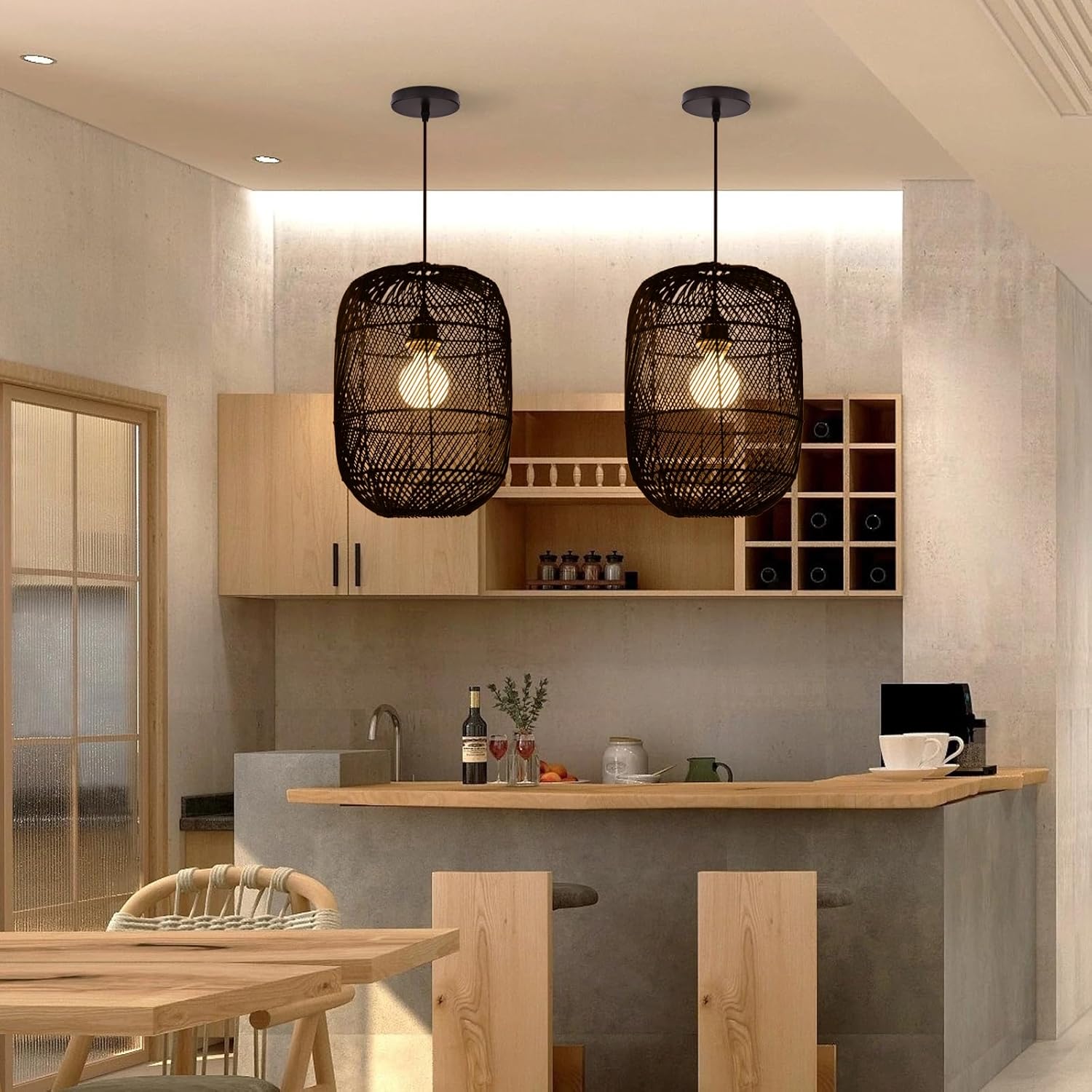 Arturesthome Lámpara colgante de ratán negro, lámpara de techo estilo bohemio natural, lámpara colgante de mimbre retro para isla de cocina