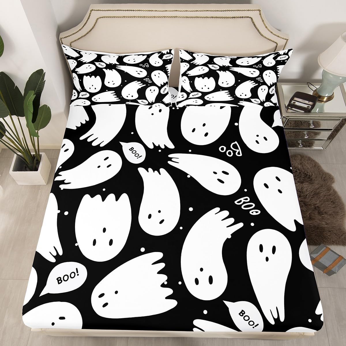 Feelyou Juego de sábanas de Halloween, tamaño individual, juego de sábanas de fantasmas de dibujos animados para niños y niñas, lindas sábanas