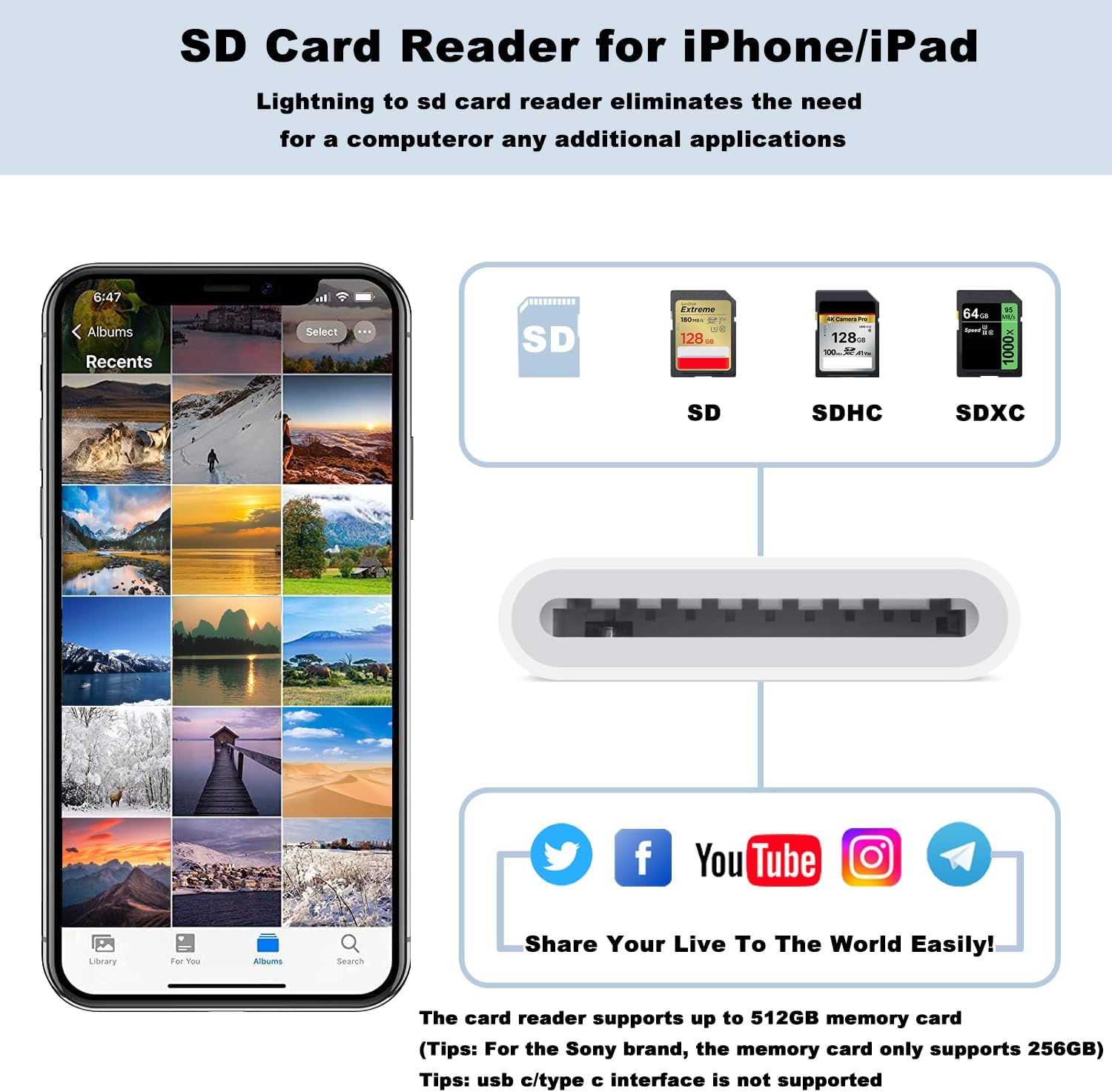 Certificado MFi de Apple Lector de cámara de tarjetas Lightning a SD para iPhone iPad, lector de tarjetas de memoria, visor de cámara de rastro,