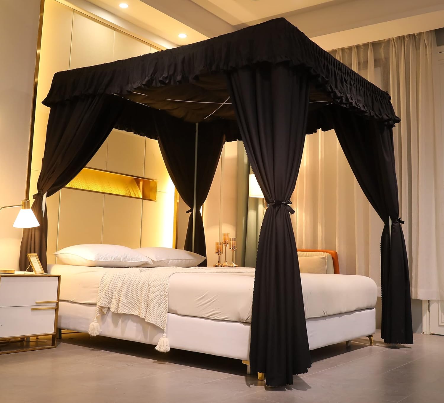 VETHIN Cortinas de techo elástico estilo princesa con cuatro postes de esquina, acogedora y transpirable, mosquitera para decoración de dormitorio