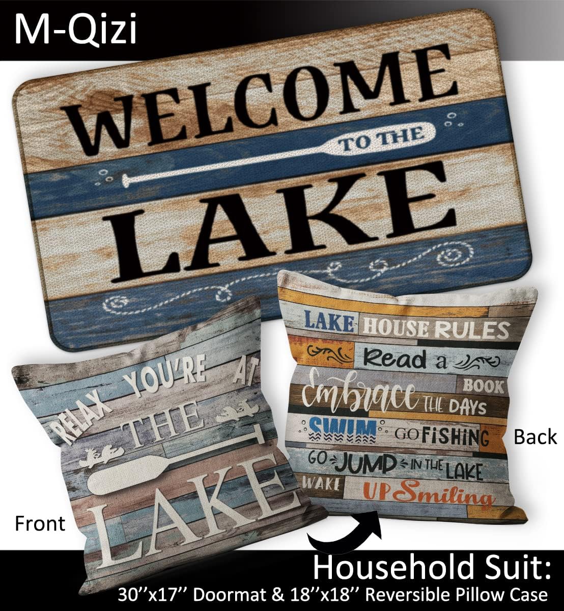 Lake Life – Juego de decoración para exteriores, 1 tapete antideslizante para interiores de 30 x 17 pulgadas, 1 funda de almohada de 18 x 18