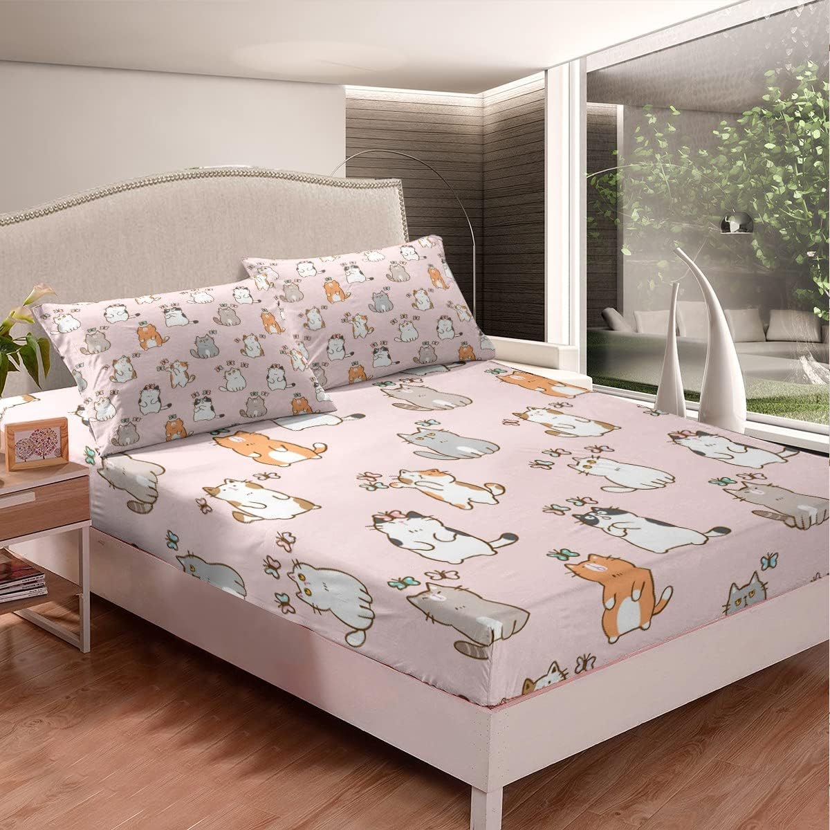 Erosebridal Juego de sábanas de dibujos animados de gatos, juego de sábanas de mariposa de gato Kawaii para niñas, niños y adolescentes, lindas
