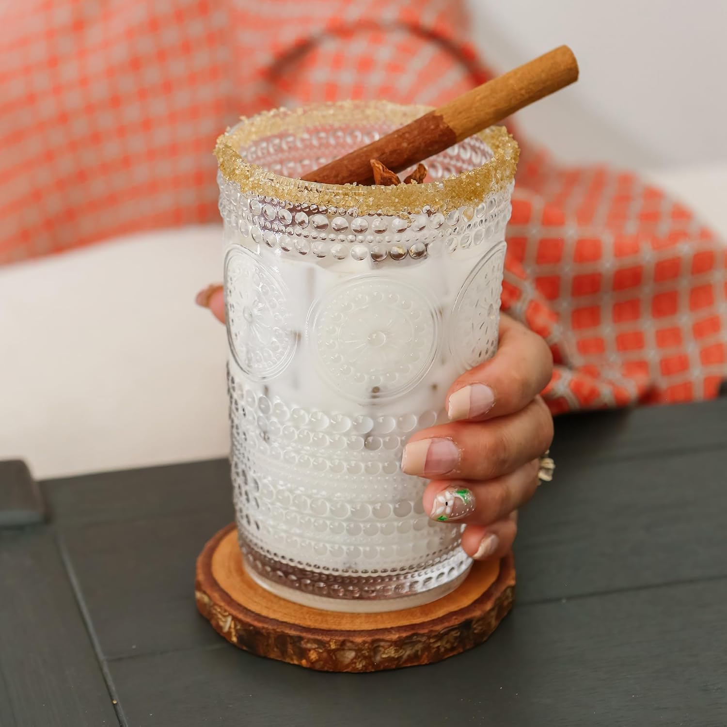 Kate Aspen Hobnail – Juego de 6 vasos transparentes con cuentas florales (13 onzas), juego de cristalería vintage, juego de vasos de cóctel, vasos