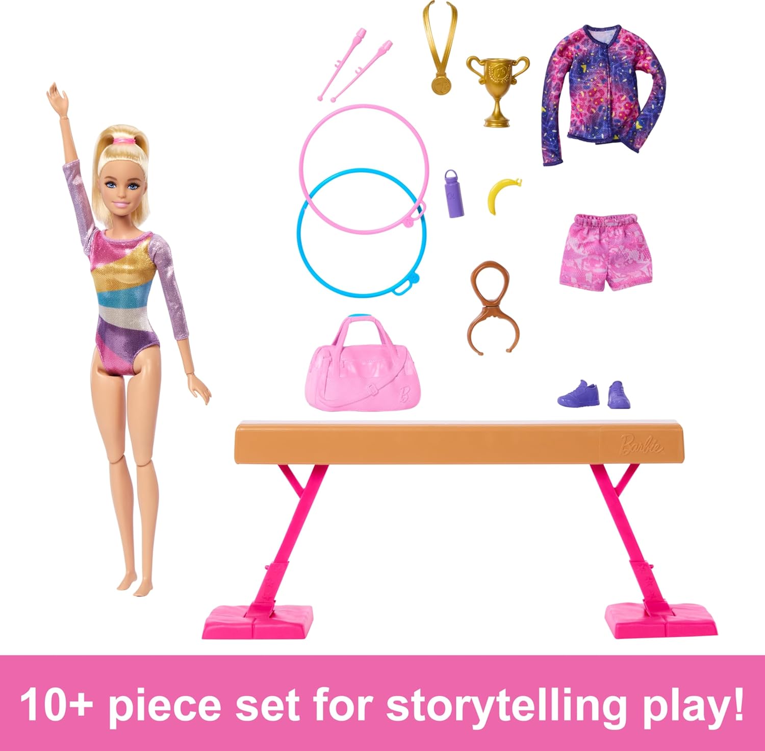 Barbie Muñeca de gimnasia y accesorios, juego con muñeca rubia de moda, clip en C para acción de giro, haz de equilibrio, traje de calentamiento y