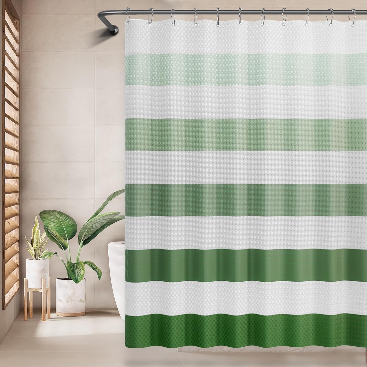 AmazerBath Cortina de ducha verde salvia con ganchos, cortina de ducha verde y blanca con textura de gofre, juego de cortina de ducha a rayas