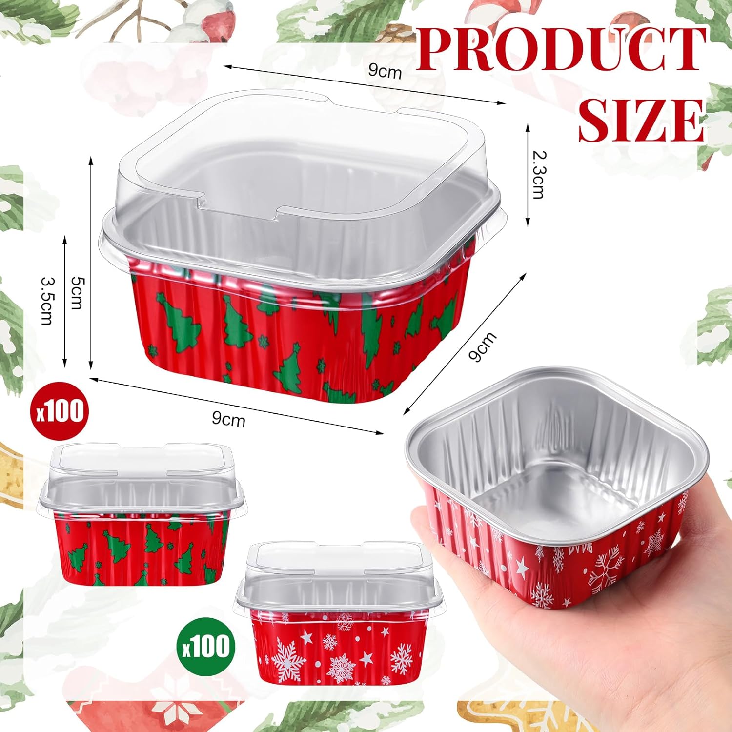 Suttmin 200 tazas de papel de aluminio de Navidad para hornear cupcakes, tazas de postre de 5 onzas con tapas, contenedores cuadrados desechables de