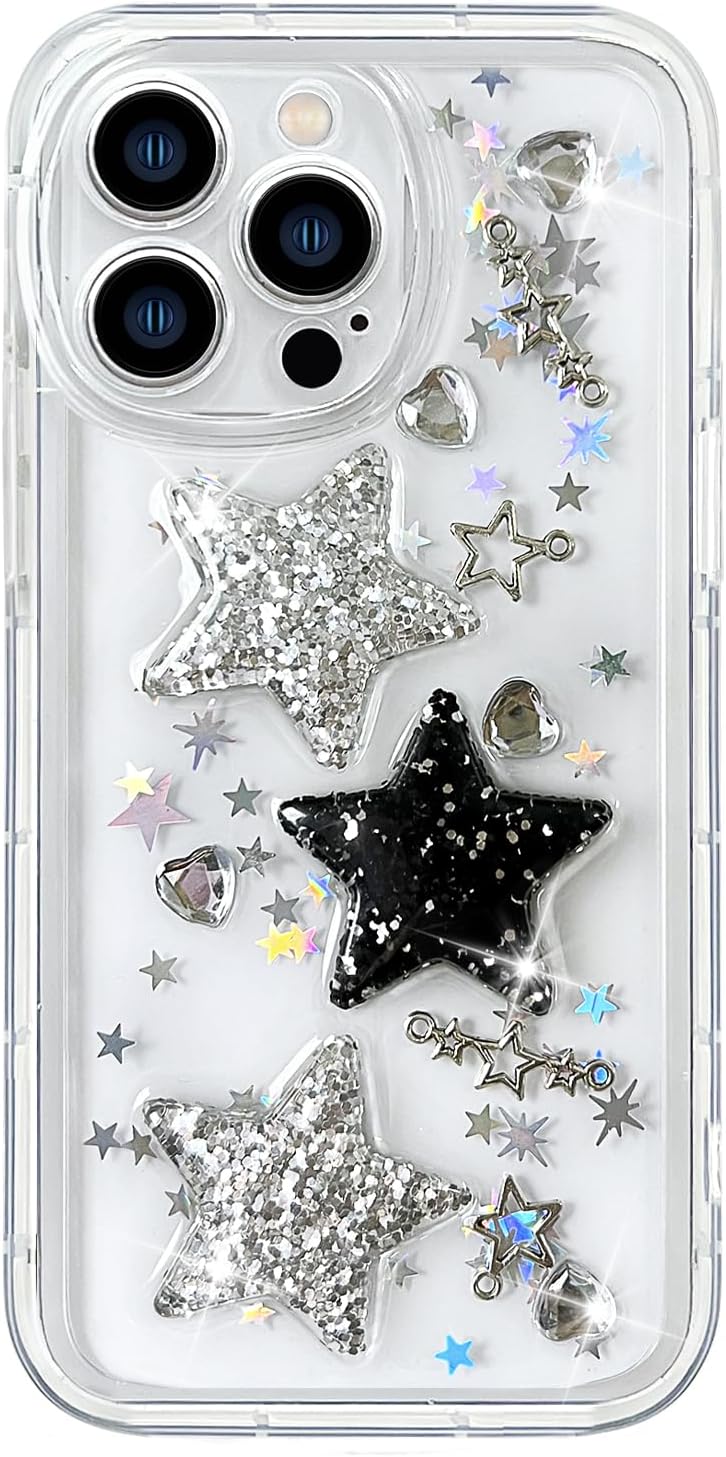 Funda compatible con iPhone 15, diseño de estrellas brillantes con purpurina 3D, bonito diseño de diamantes para niñas y mujeres, funda protectora