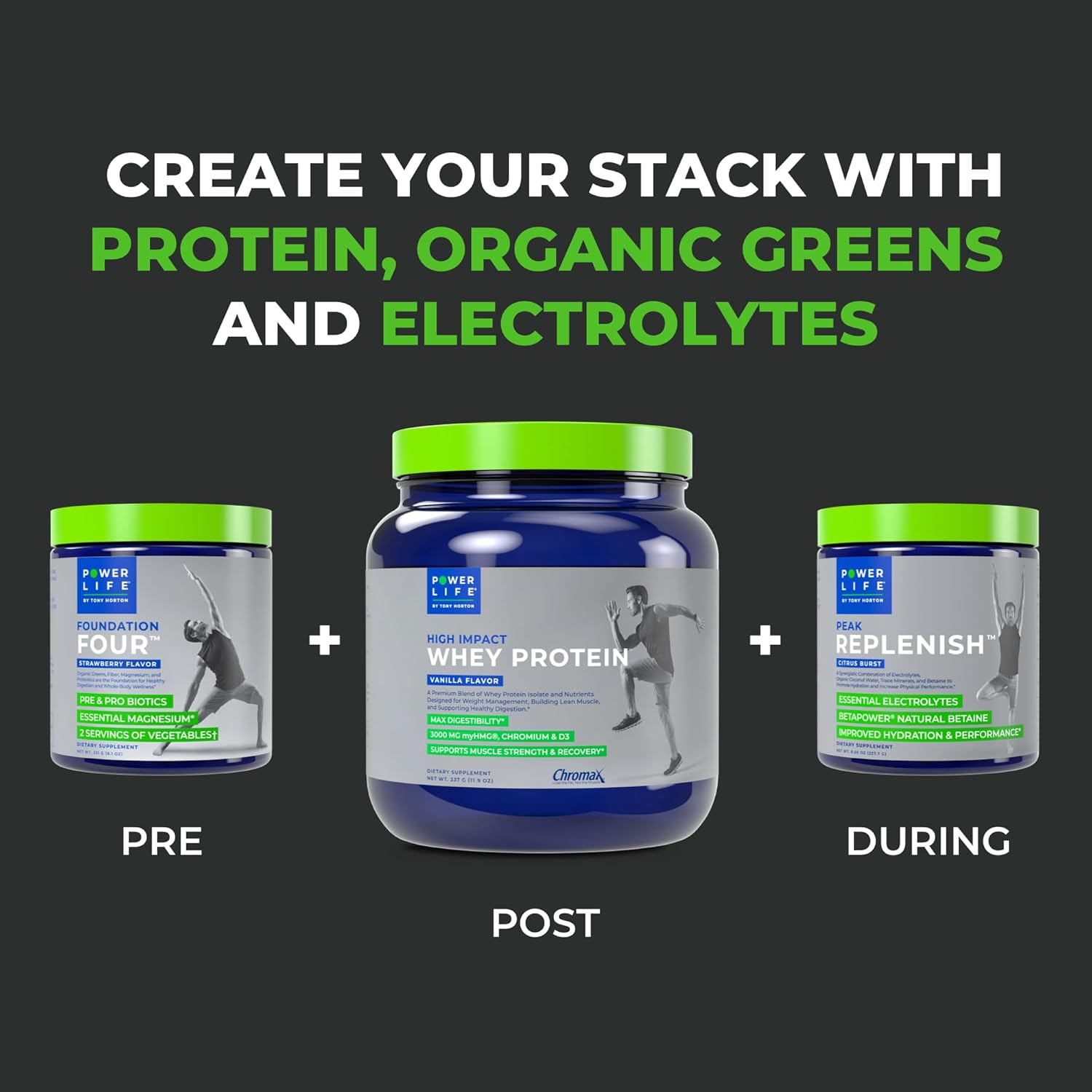 POWERLIFE Tony Horton Proteína de suero de alto impacto alimentada con pasto con 3000 mg de HMB, sin azúcar añadido, sin OMG, sin hormonas y