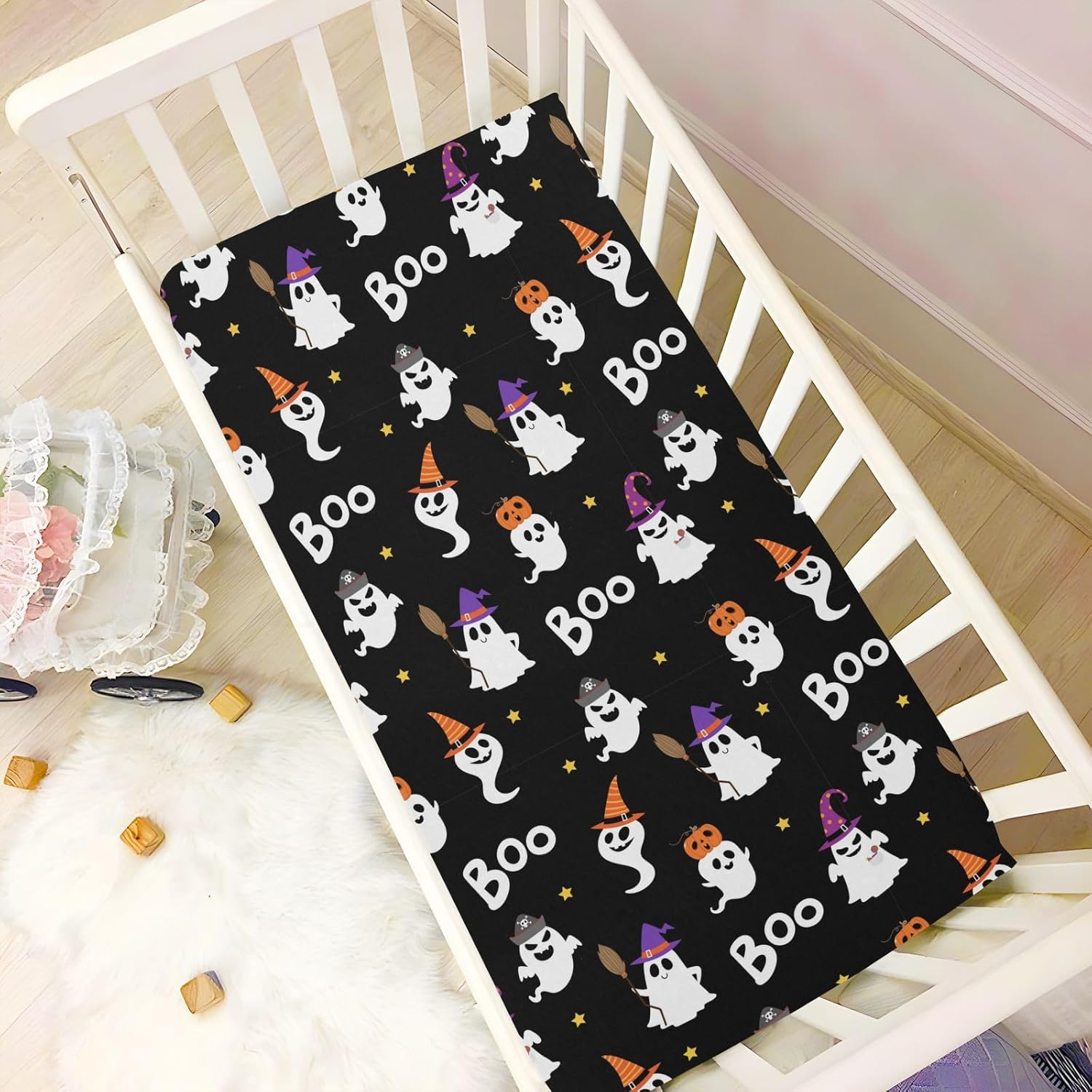 Sábana bajera ajustable para cuna de bebé, con bonito diseño de fantasma, para guardería, para niños y niñas, para cuna, mini cuna, 52 x 28 pulgadas