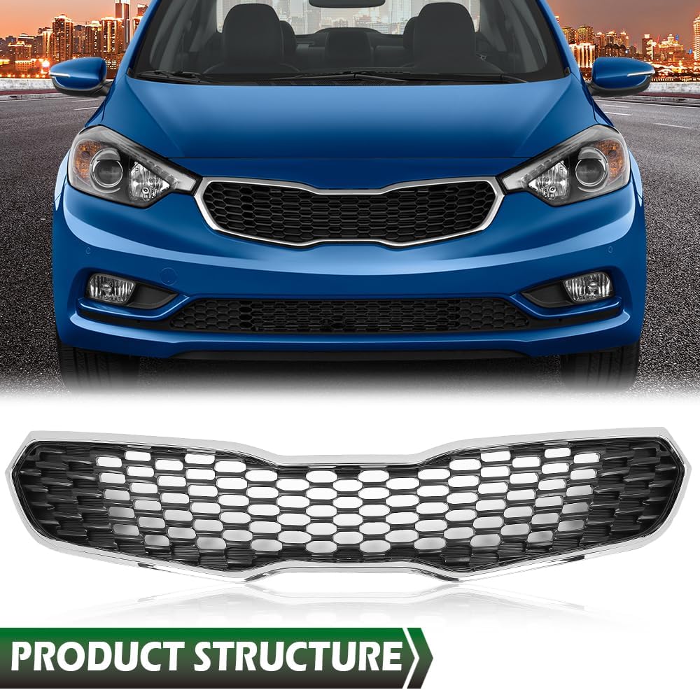 GRAND ORANGE Parachoques delantero parrilla montaje cromo malla estilo compatible con Kia Forte SXEXLX 2014 2015 2016 KI1200156, 86350A7500
