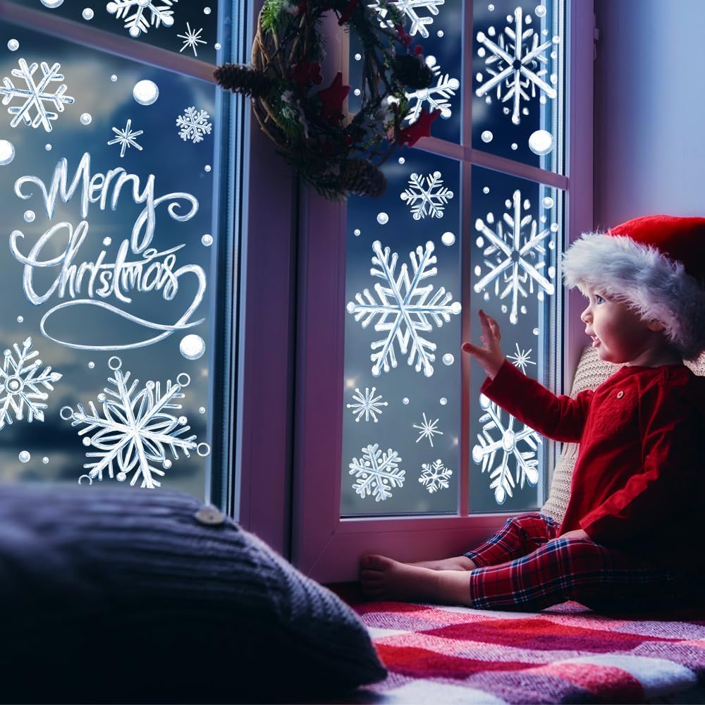 YUJUN 8 hojas de calcomanías de ventana de copos de nieve de invierno, pintura al óleo azul de Navidad, copos de nieve, calcomanías para ventana de