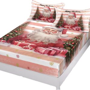 Sábana bajera tamaño Queen con bolsillos profundos, diseño de árbol de Navidad de Papá Noel, rosa y blanco, funda de colchón de microfibra cepillada Sábana bajera tamaño Queen con bolsillos profundos, diseño de árbol de Navidad de Papá Noel, rosa y blanco, funda de colchón de microfibra cepillada