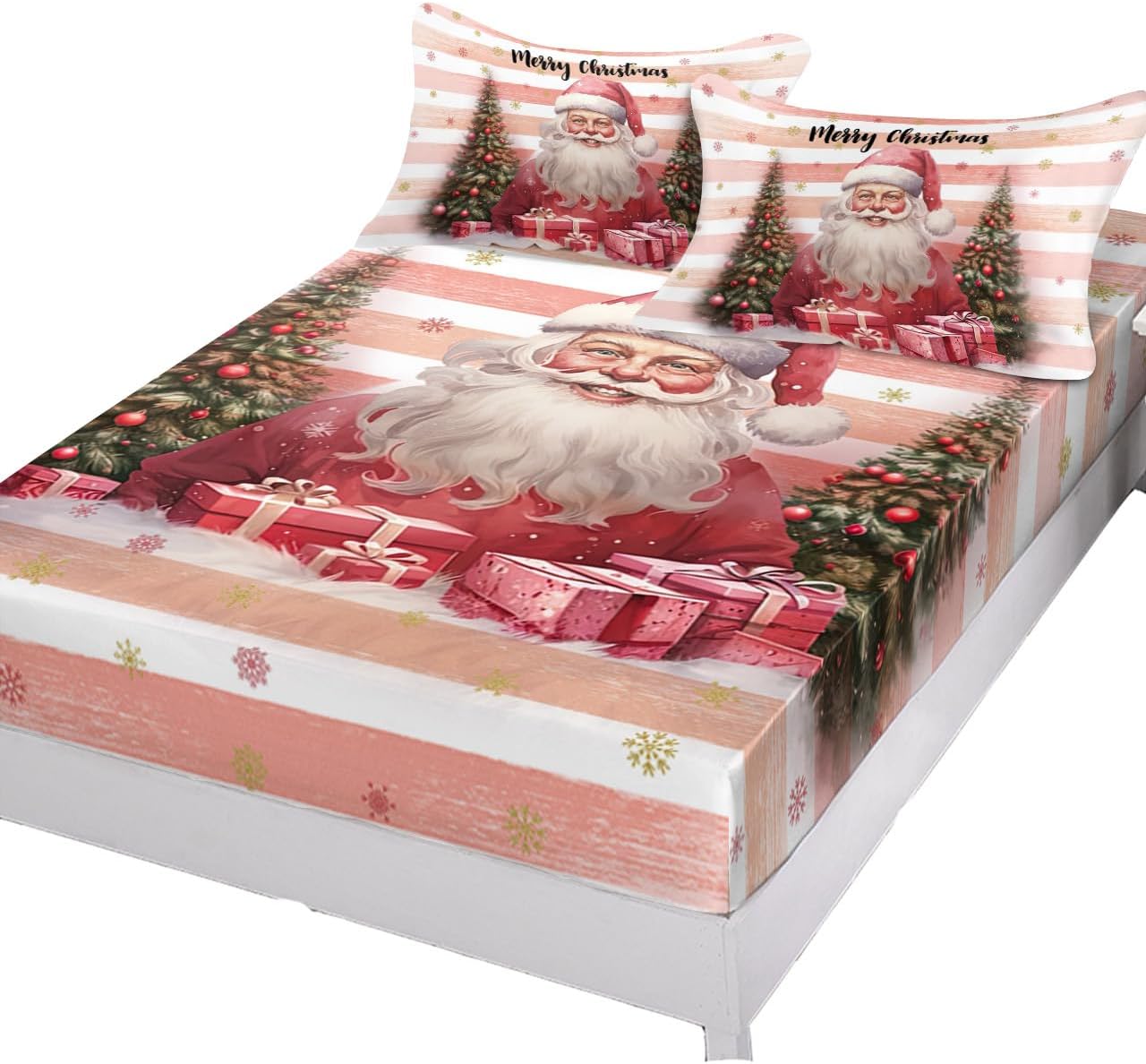Sábana bajera tamaño Queen con bolsillos profundos, diseño de árbol de Navidad de Papá Noel, rosa y blanco, funda de colchón de microfibra cepillada